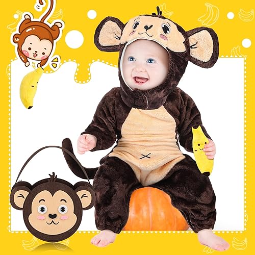 Miniatura 5 de Xtinmee Juego de 3 disfraz de mono de peluche para Halloween, incluye bolsa de juguete de plátano para fiesta de disfraces de Halloween