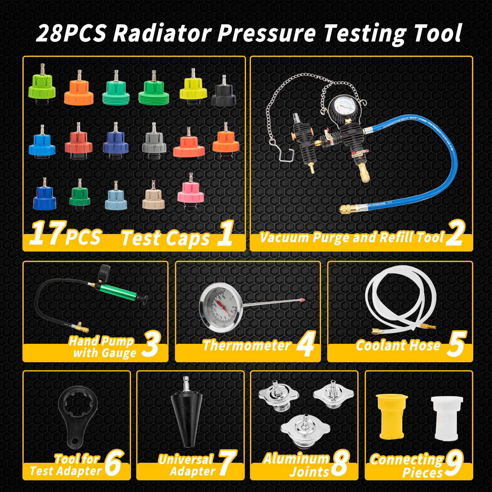 28 Piezas Sistema de Refrigeración Tester Probador de Presión Universal del Radiador y Sistema de Enfriamiento Maletín de Prueba de Aire Comprimido para Coche