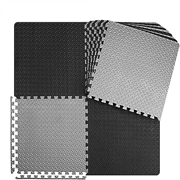 Fitness Guru - Interlocking EVA Foam Padding, Non-Toxic Foam Mat Floor Tiles, Thickness 12 MM (Set of 12 Grey-Black - 48 SQFT)