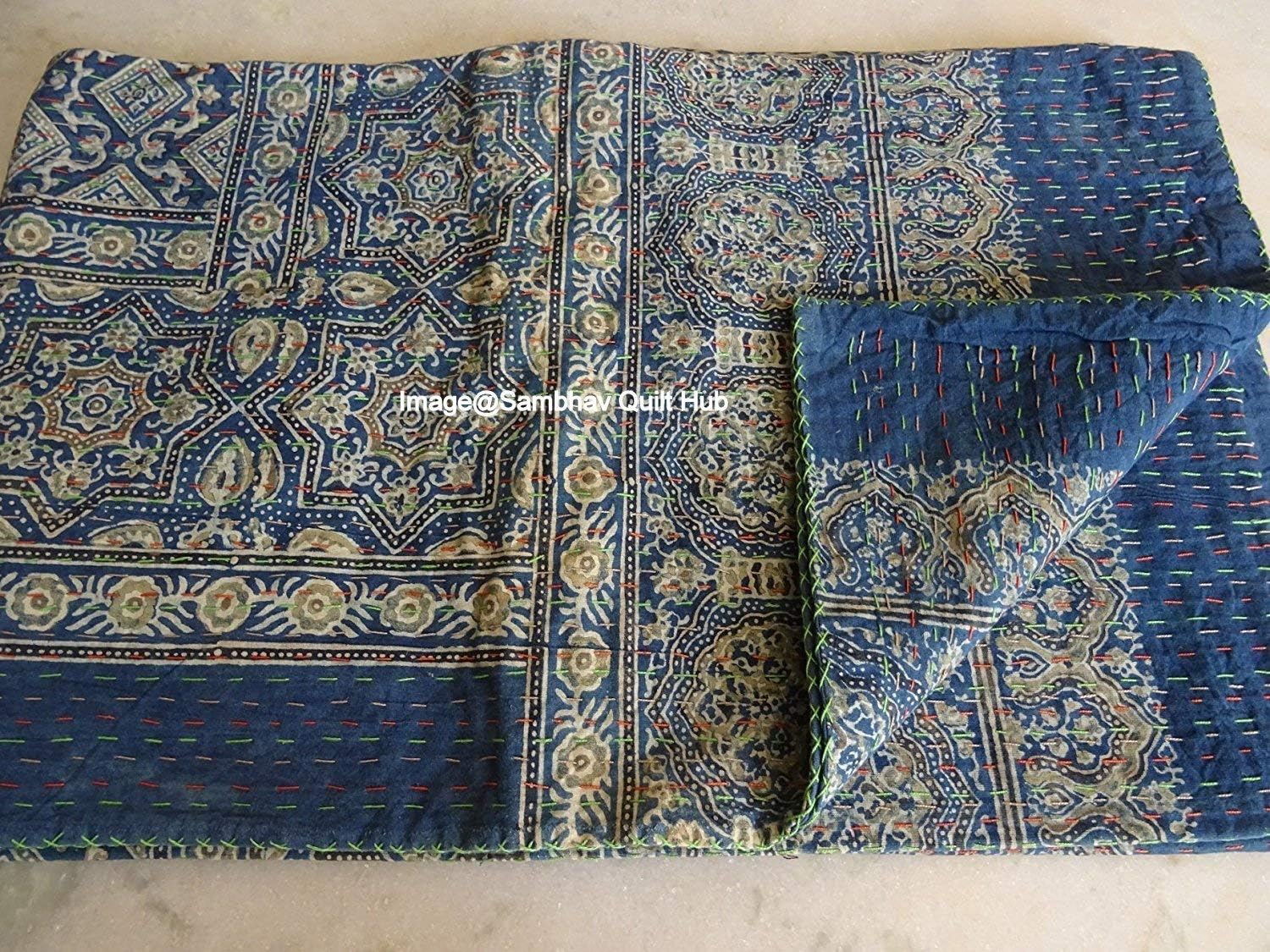 Indian ajrakh Handmade Queen Size Kantha Bedspread Ajrakh Reversible Hand Stitched Cotton Kantha Quilts Bohemian Floral Kantha Twin/Queen (60X90 inch)