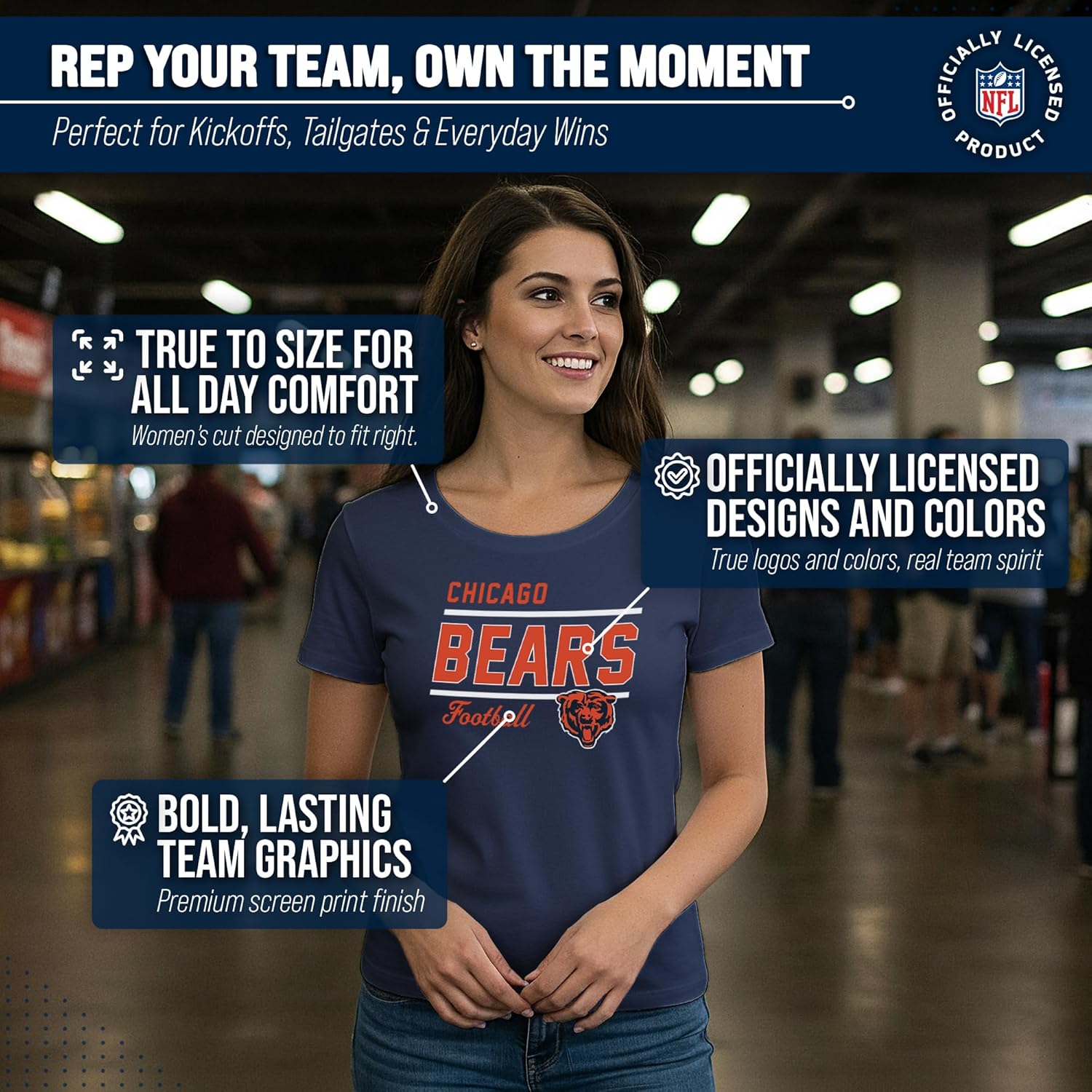 Team Fan Apparel NFL Gameday Women's Relaxed Fit T-Shirt - Rib Neck Contour - Tagless Short Sleeve Tee - Stay Cool & Stylish (Chicago Bears - Navy, X-Large) - Image 5