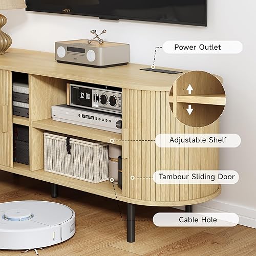 Miniatura 6 de Soporte de TV de 63 pulgadas con toma de corriente, consola multimedia moderna con puertas correderas, centro de entretenimiento para televisores de
