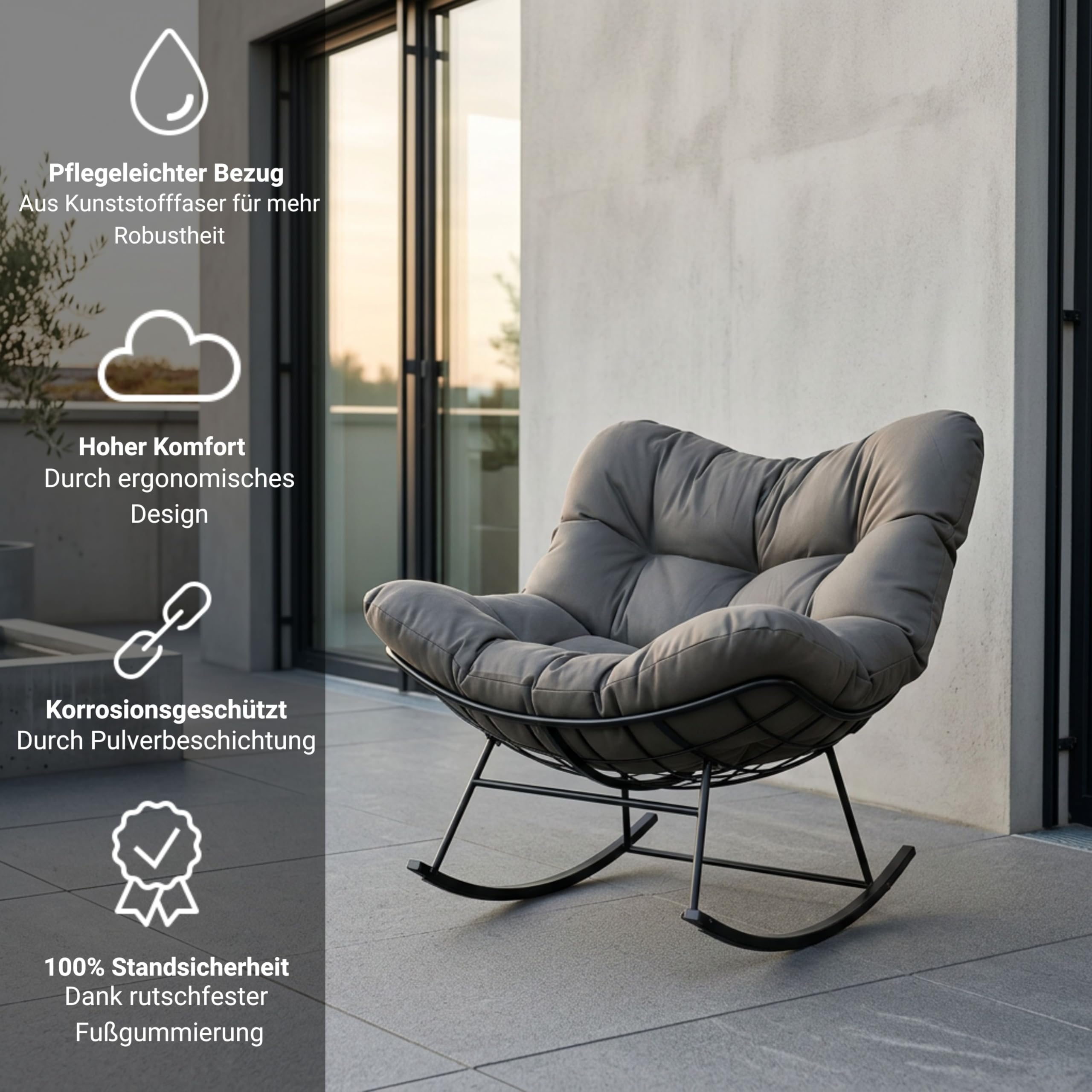 novaterra® Moderner Schaukelstuhl mit großem Komfort Kissen – ergonomischer Relax Schaukelstuhl hochwertig, gepolstert & ideal für den Garten, Lesen & Entspannen