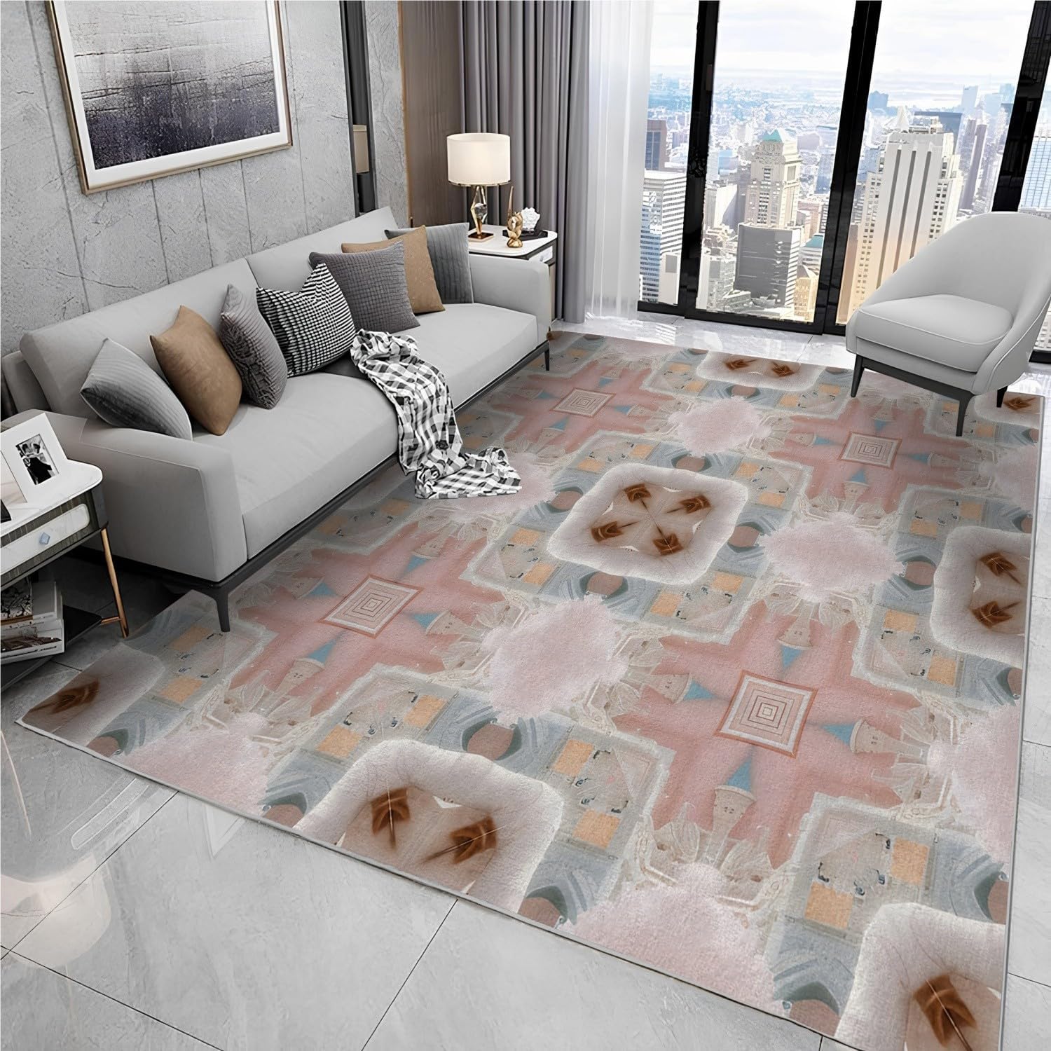 Multi Rug - Boho Vintage 8x10 Rugs for Living Room Bedroom Low Pile Indoor Washable Blue/Multi Door Mat Non-Slip Soft Floor Carpet Bohemian Flair Throw Indoor for Boys Girls A45