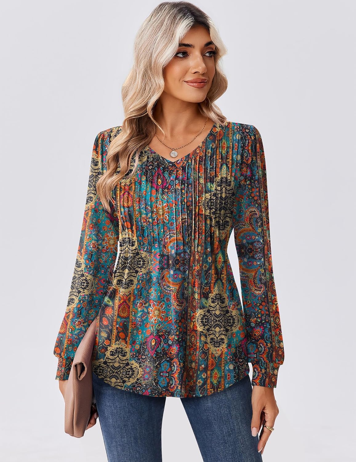 Zeagoo Long Sleeve Shirts for Women Casual V Neck Top Pleated Floral Boho Blouses 2026 Fall Tunics - Image 2