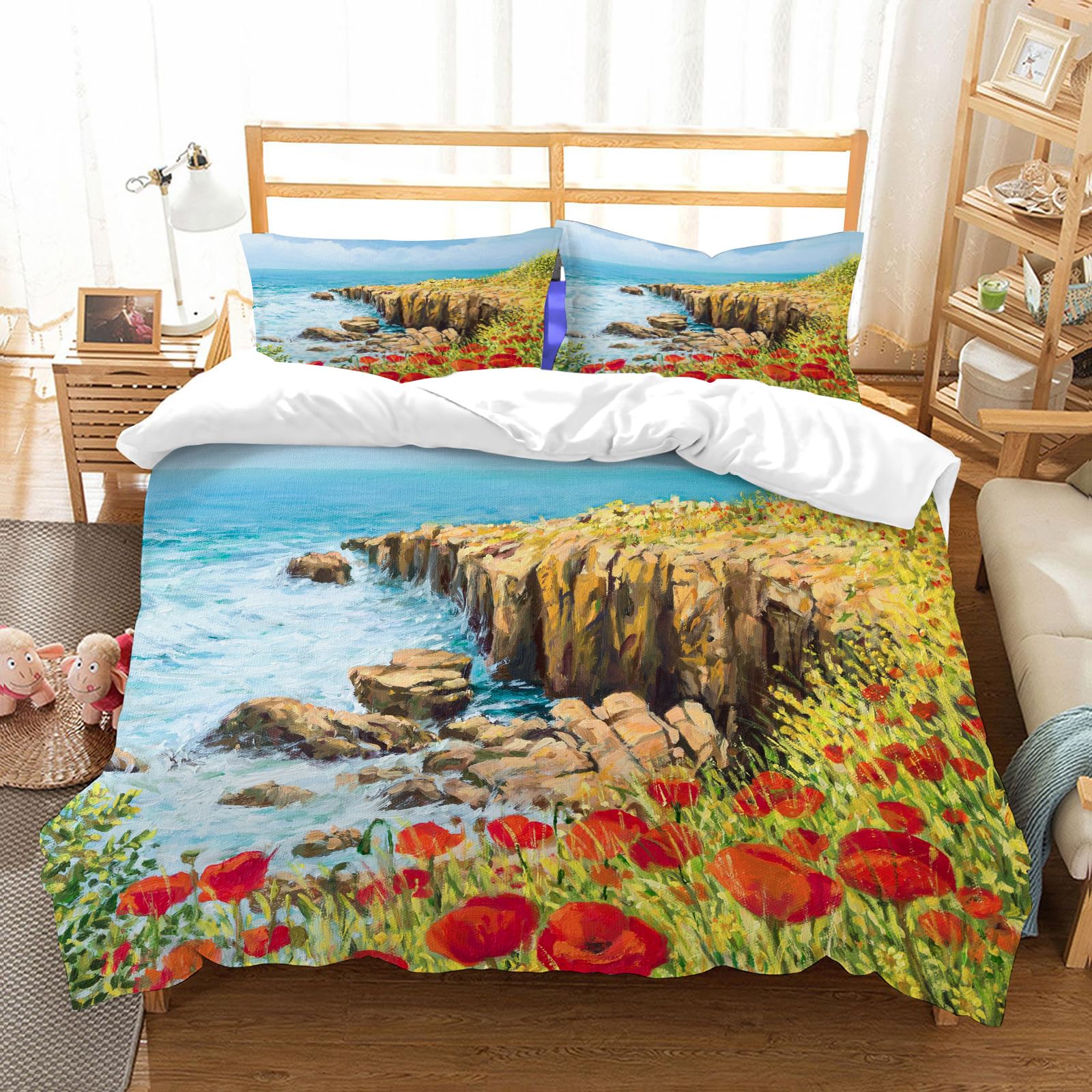 Linge de lit 100% microfibre 228x264cm imprimé paysage de coquelicots