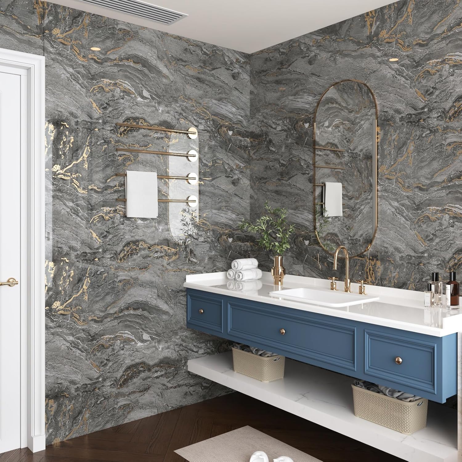 Wallercity Glossy Black/Gold Marble Contact Paper for Countertops Waterproof Gold Marble Wallpaper Peel and Stick Countertop Shiny Wall Paper for Kitchen Bathroom Vinyl Wrap for Cabinets 15.8''x78.7''