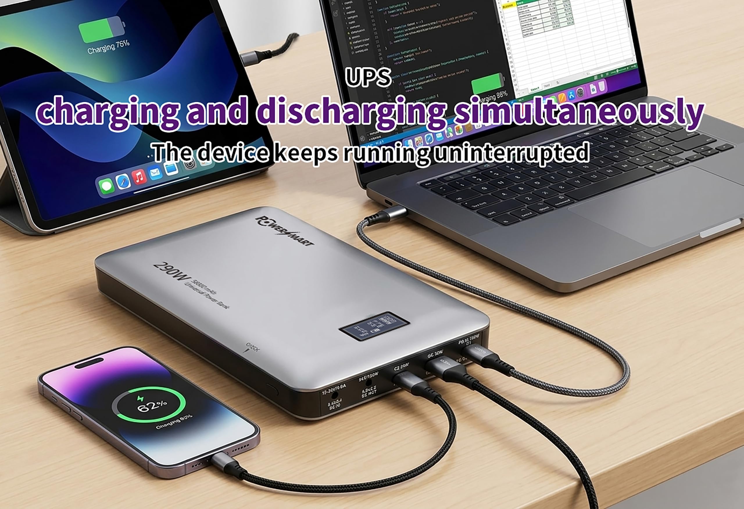 PowerSmart Powerbank 213Wh 290W | LCD Multi USB-C 140W PD3.1 batería externa | 12-30 V DC Input | para fuentes de alimentación solares y portátiles, fuente de alimentación de respaldo UPS