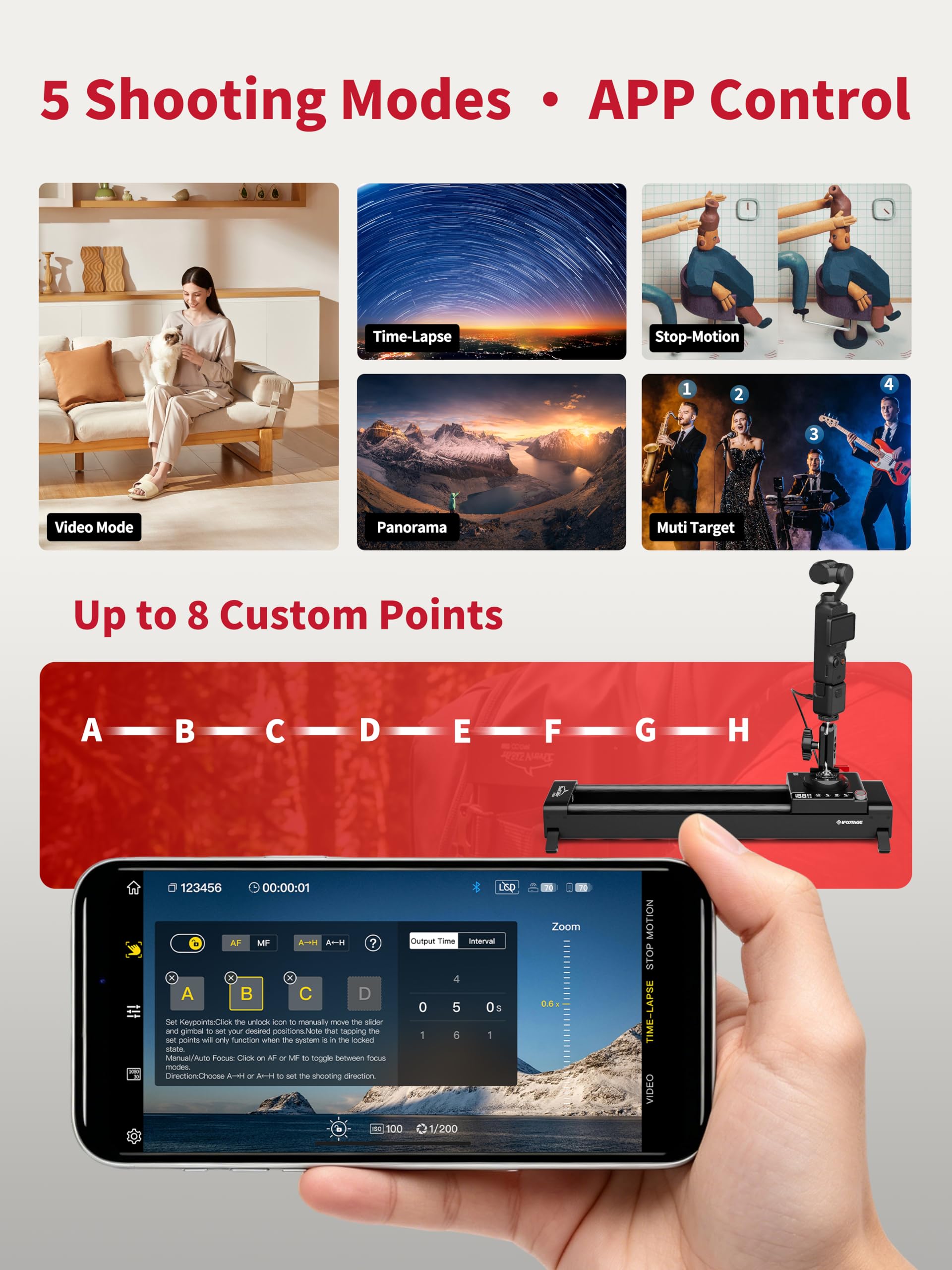 IFOOTAGE Pico Motorisierter Kameraschlitten, 2-Achs-Schlitten mit 360°-Drehung, NFC, APP-Steuerung, Zeitraffer, Stop-Motion, Kompatibel mit DJI Pocket 3/Action 5/6, für Vlog,Videoaufnahme