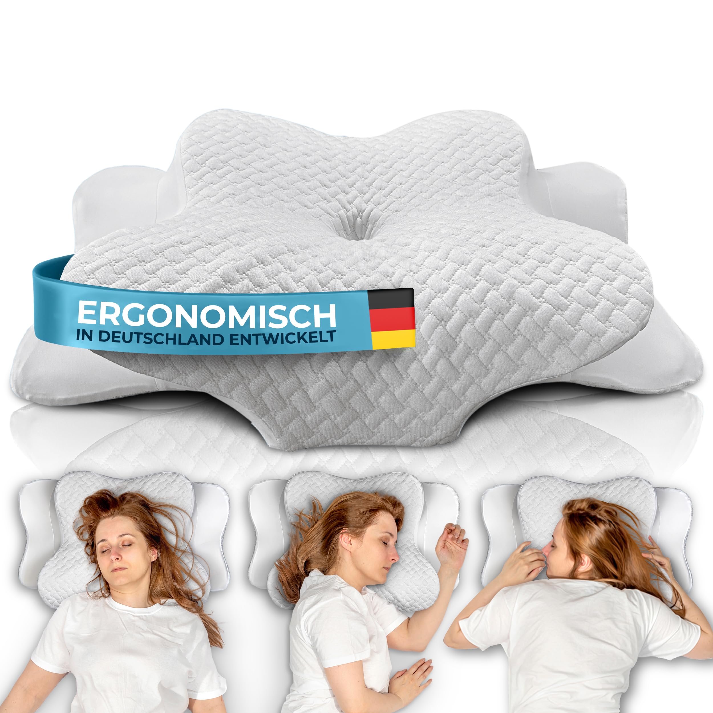 Glückstoff® Ergonomisches Kissen (für alle Schlaftypen) Kopfkissen aus Memory Foam | Nackenstützkissen Ergonomisches Kopfkissen Seitenschläferkissen Weiß