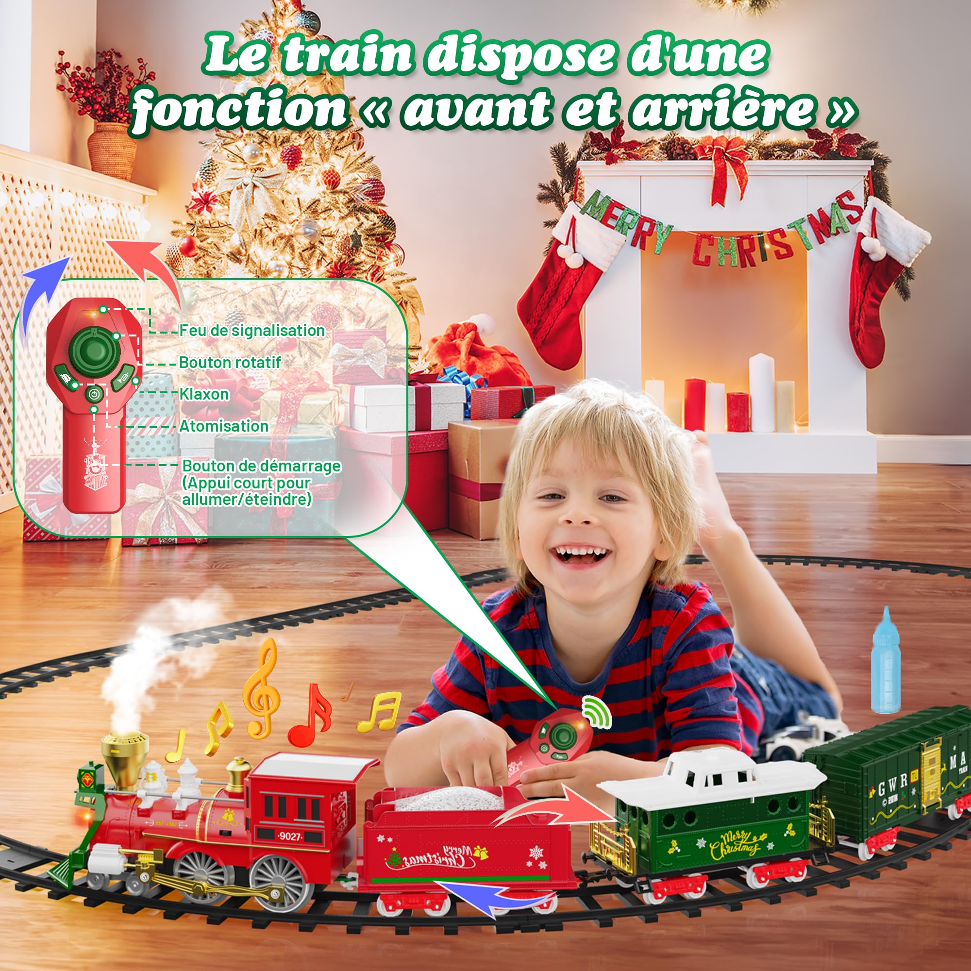 Hot Bee Train de Noel Electrique pour Sapin avec Télécommande, Petit Train Noel avec Fumée, Lumières et Sons, Enfant Cadeau Garcon 3 4 5 6 7 Ans
