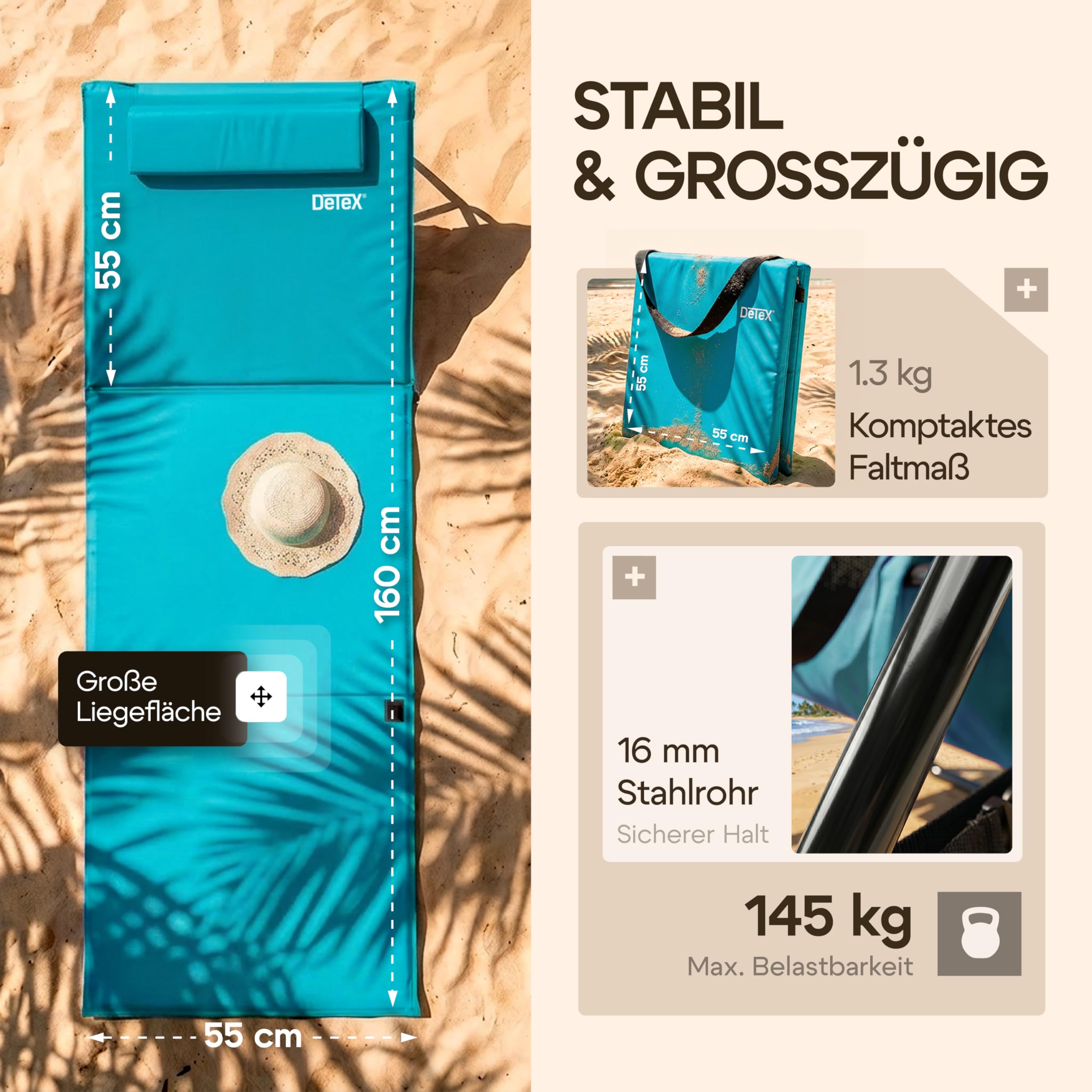 Detex® 2x Tappetino Stuoia da Spiaggia con Tasca Portaoggetti Cuscino Schienale Regolabile Custodia per Trasporto