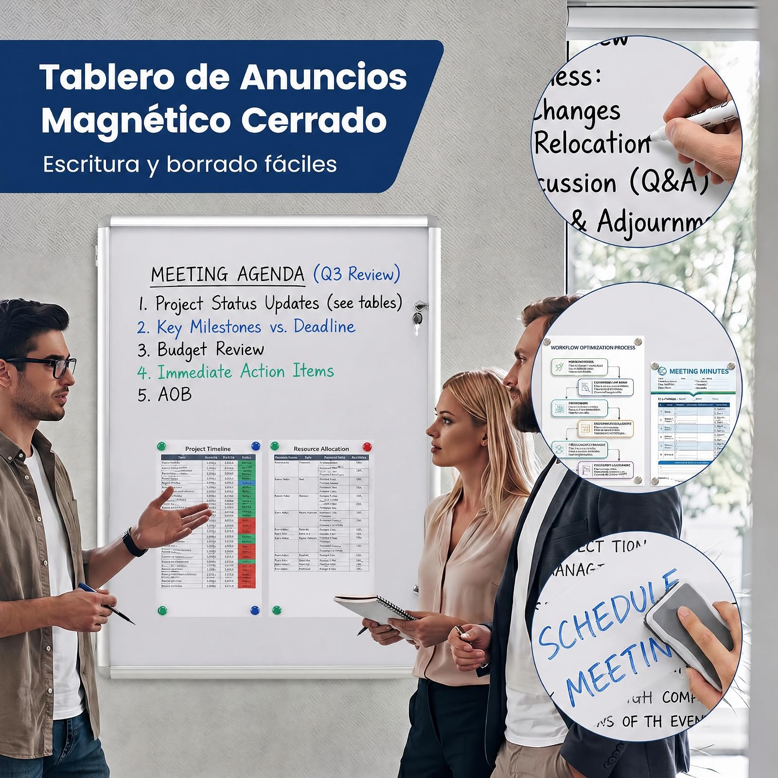 COSTWAY Tablón de Anuncios con 2 Llaves para 4 Hojas A4, Aluminio | Vertical/Horizontal, Boletín de Anuncios con Pizarra Blanca Magnética, Interior Oficina