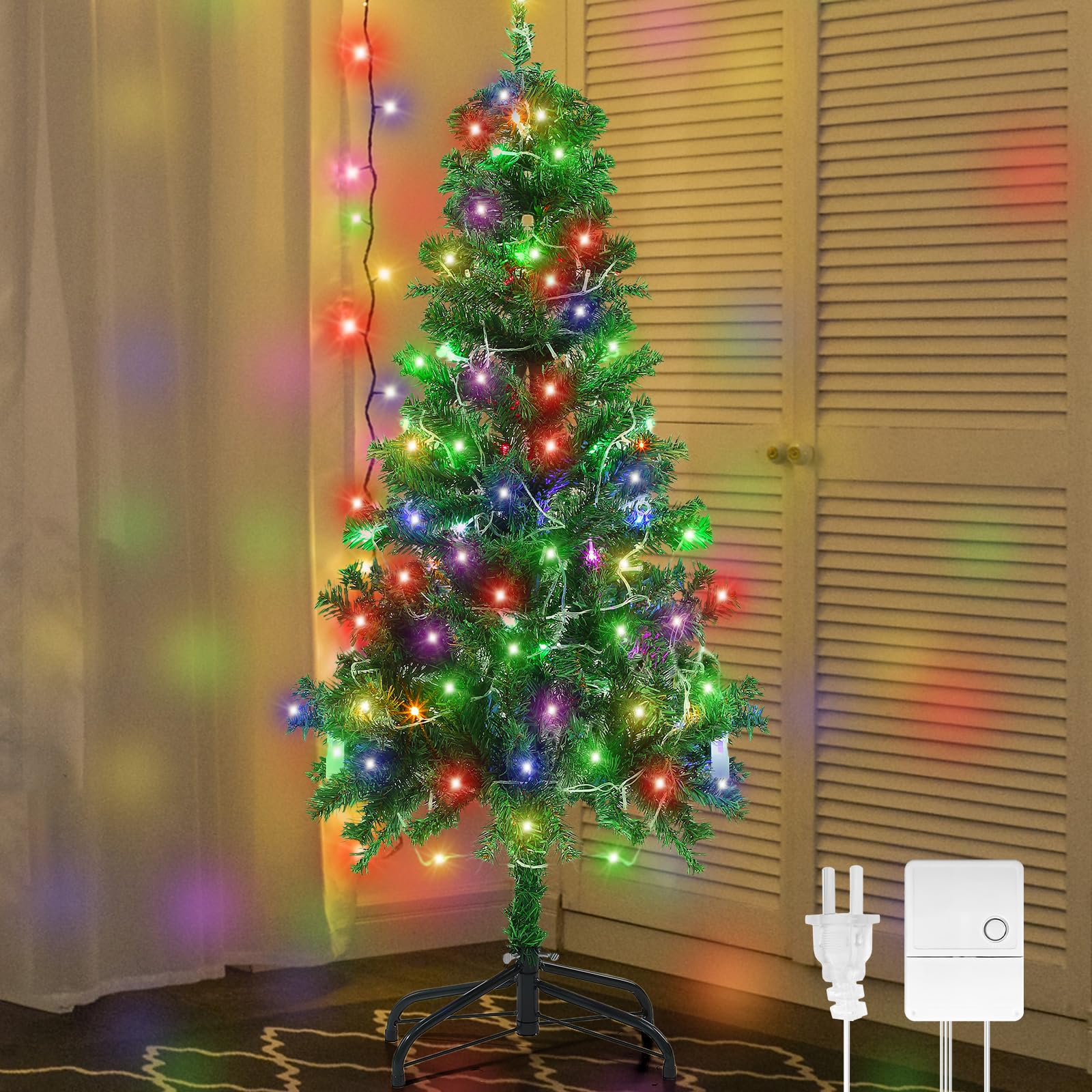 Liliful 4ft Pre Lit Artificial Christmas Tree with Plug in 70 LED arm White Light Xmas Pencil Tree nclude Metal Foldable Stand for Home Xmas Party Decor(Multicolor Light)