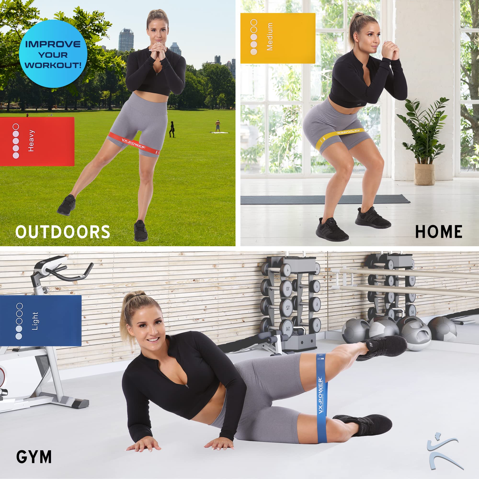 VX-Power - Set di 5 fasce elastiche resistenti in lattice per casa, palestra, all'aperto, yoga e fisioterapia – esercizi per bottino e gambe squat per donne e uomini – borsa per il trasporto gratuita