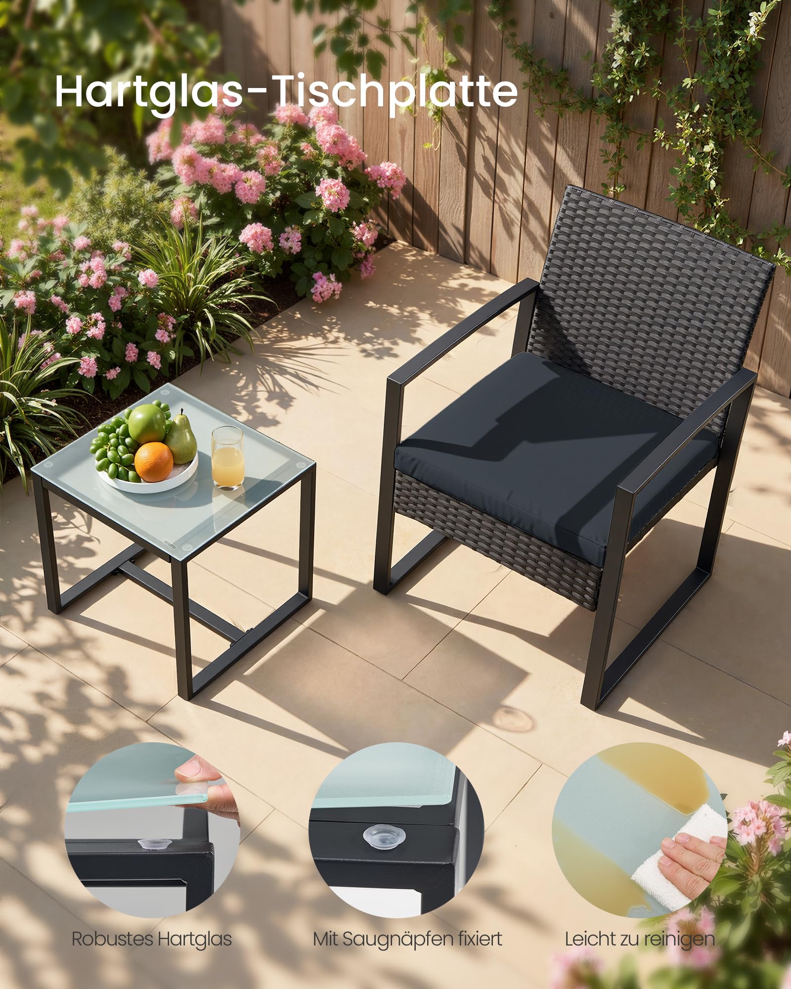 SONGMICS Balkonmöbel, Gartenmöbel-Set, aus PE-Polyrattan, Lounge-Set, Tisch und 2 Stühle, Terrassenmöbel, einfache Montage, Outdoor, für Terrasse, Balkon, Garten, schwarz GGF010B05