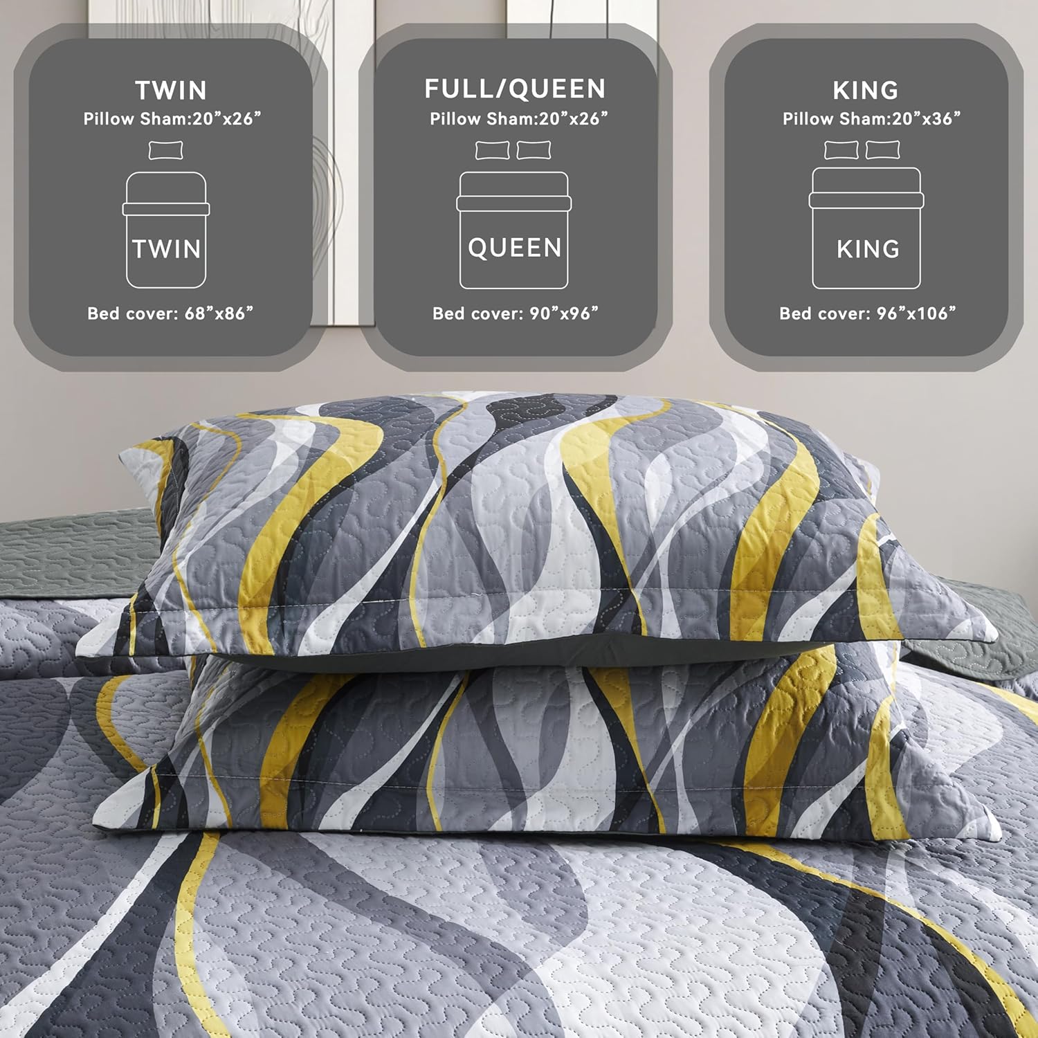 weesire Classic Line Pattern Bedding Quilt Queen Size Modern Grey Yellow and White Stripe Quilt with 2 Shams, Gray and Yellow Comforter Sets Lightweight Breathable Bedspreads Coverlet, 90''x96'' - Image 4