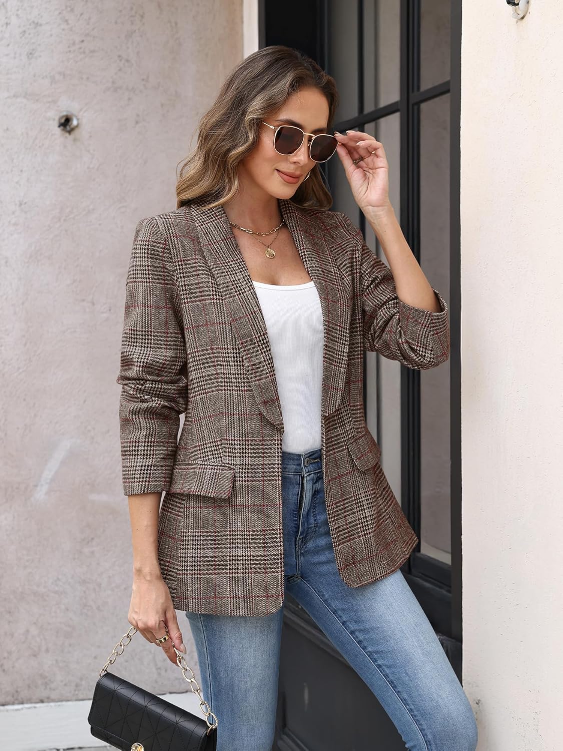 ELLEVEN Women's Shawl Collar Plaid Boyfriend Blazer，Business Casual Open Front Houndstooth Work Office Suit Jackets - Image 4