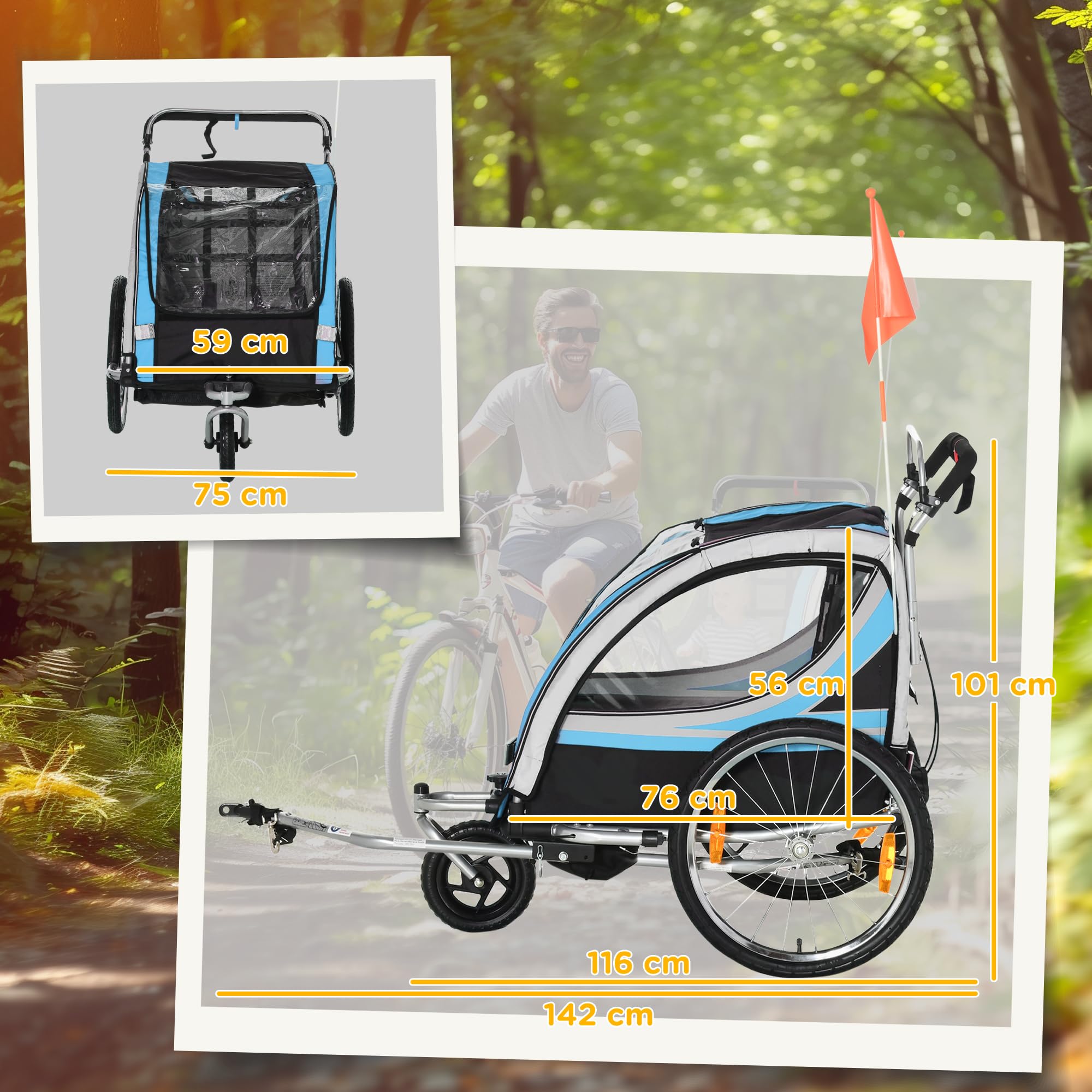 HOMCOM Remolque de Bicicleta para Niños y Cochecito, Diseño 2 en 1 con Freno, Cinturón de 5 Puntos, Carro Remolque para Bicicleta con Bolsillos Laterales, Reflectores y Banderín