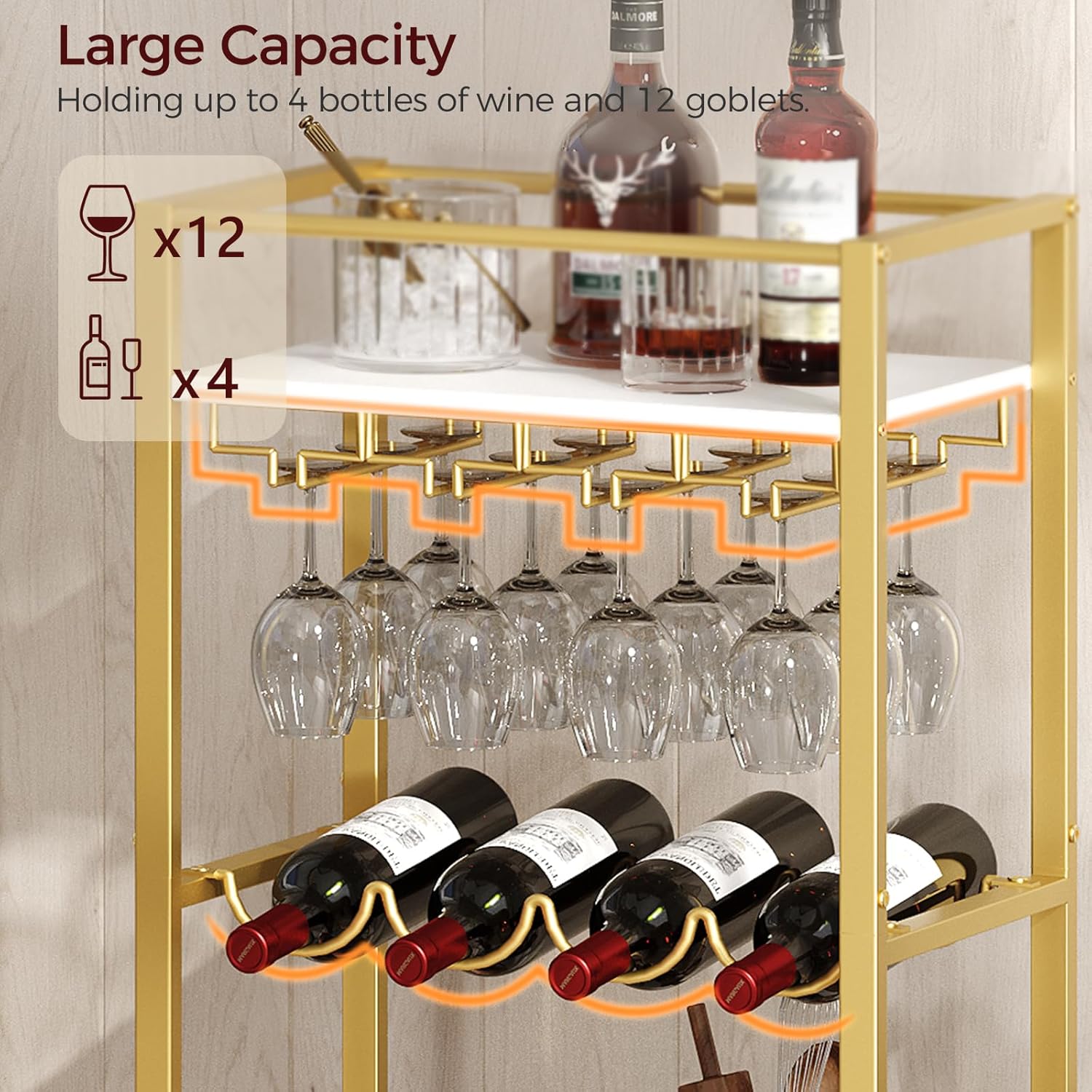 Bar Cart for Home, Mini Rolling Wine Cart, 3 Tier Serving Cart, Kitchen Storage Cart with Wine Rack and Glass Holders, for Kitchen, Dining Room, Living Room, Gold and White RCJW9301