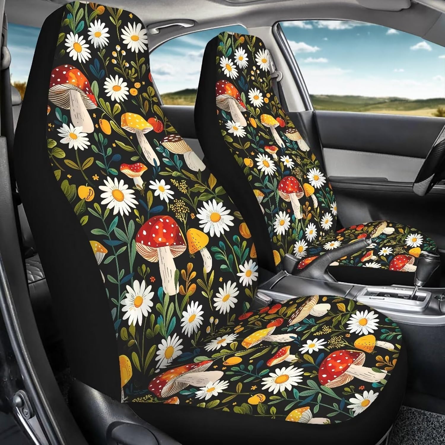 2 Piece Car Seat Covers Automotive Front Seat Cover Retro Mushroom Daisy Flower Print Vehicle Seat Protector Interior Accessories for Front Seats Universal Fit Most Car Sedan Van Truck