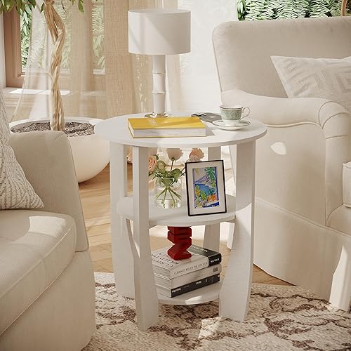 Miniatura 2 de Mesa auxiliar redonda con estante de almacenamiento, mesa auxiliar moderna de 3 niveles, mesa auxiliar reclinable, mesa auxiliar decorativa, mesita