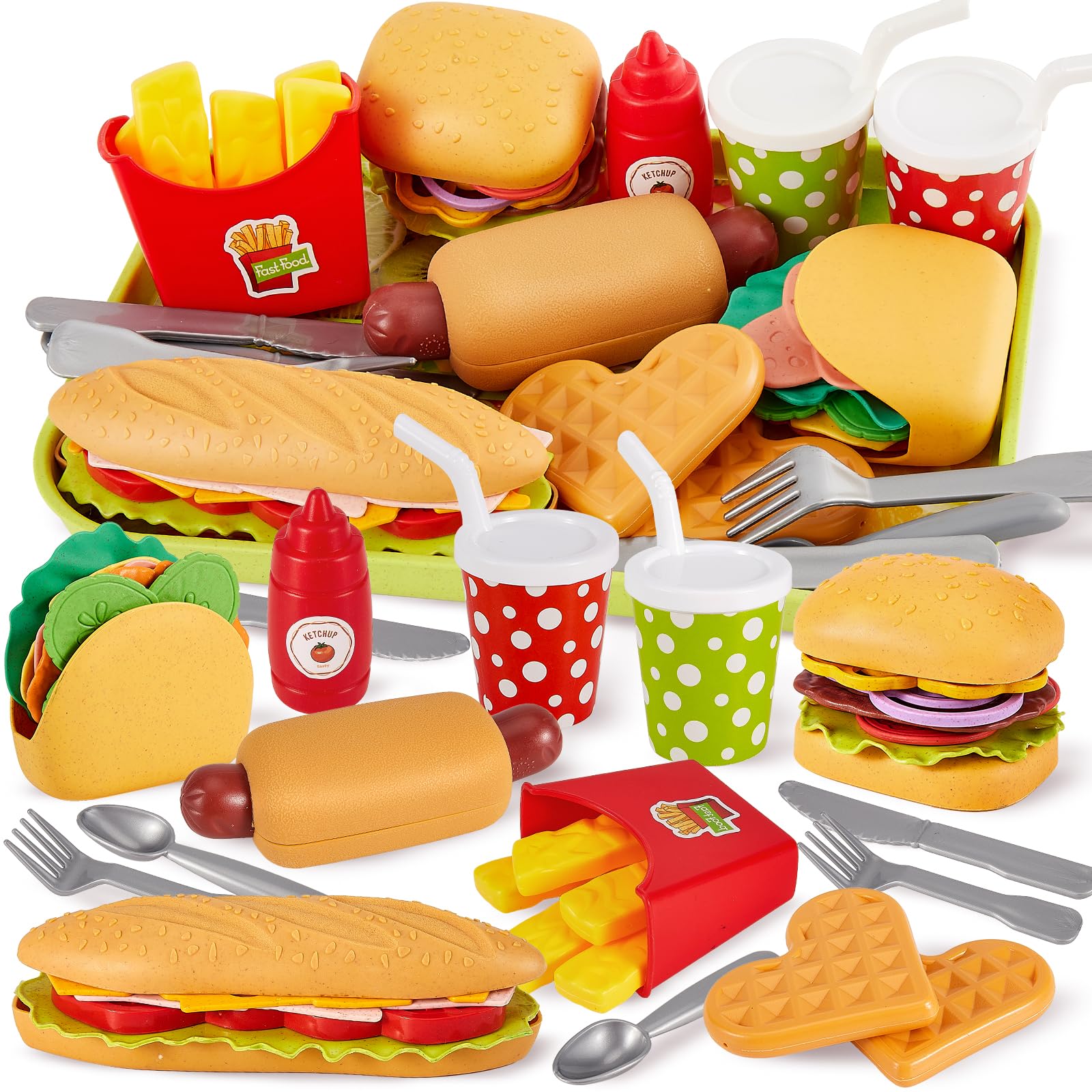 BUYGER Fast Food Play Food Toys for Kids Toddler Children Toy Kitchen Accessories Playset Plastic Toy Food Sets Pretend Play Gifts for 3 4 5+ Years Old