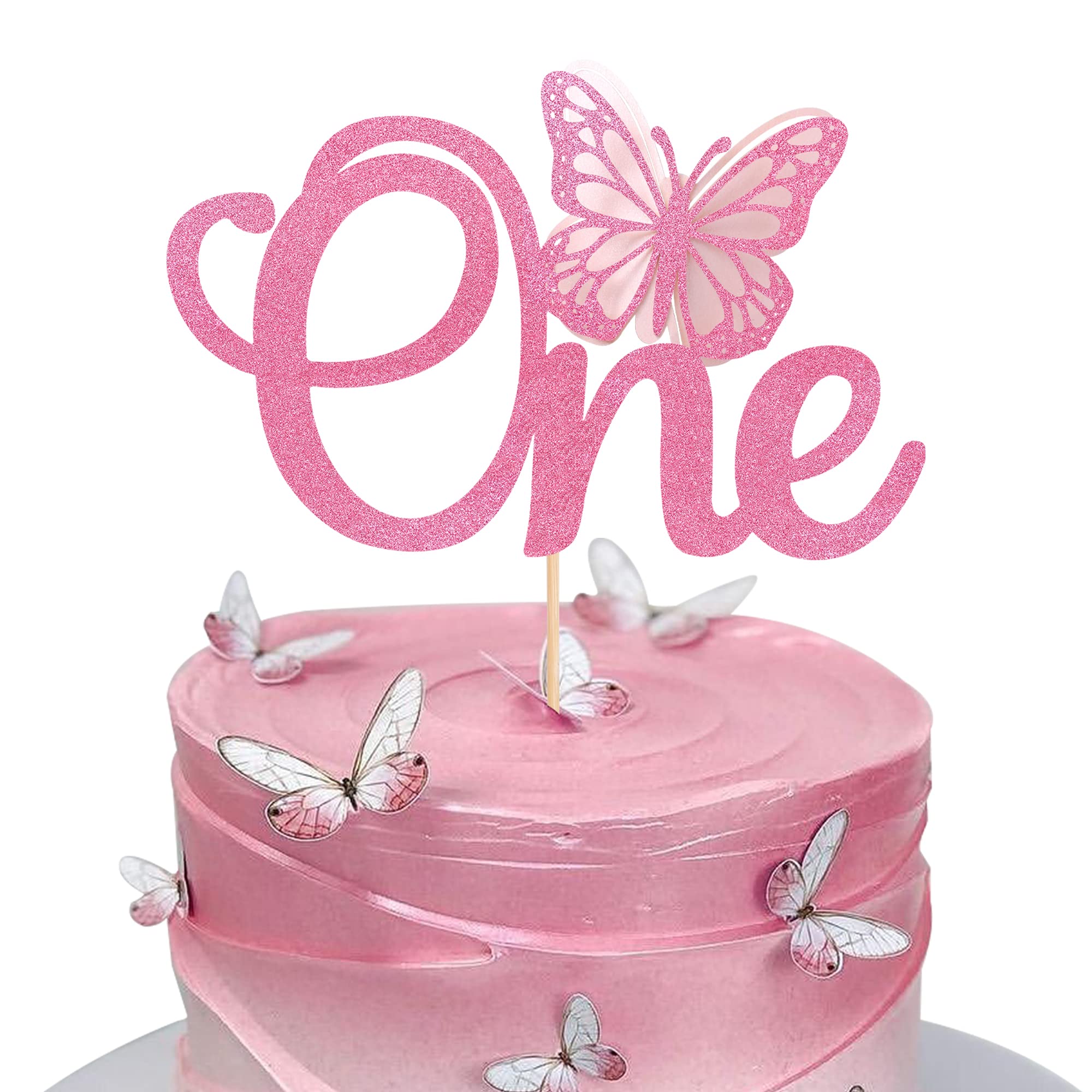 Rsstarxi 1 Pack Butterfly Cake Topper - Pink Glitter Baby Shower & 1st Birthday Cake Pick Decorations