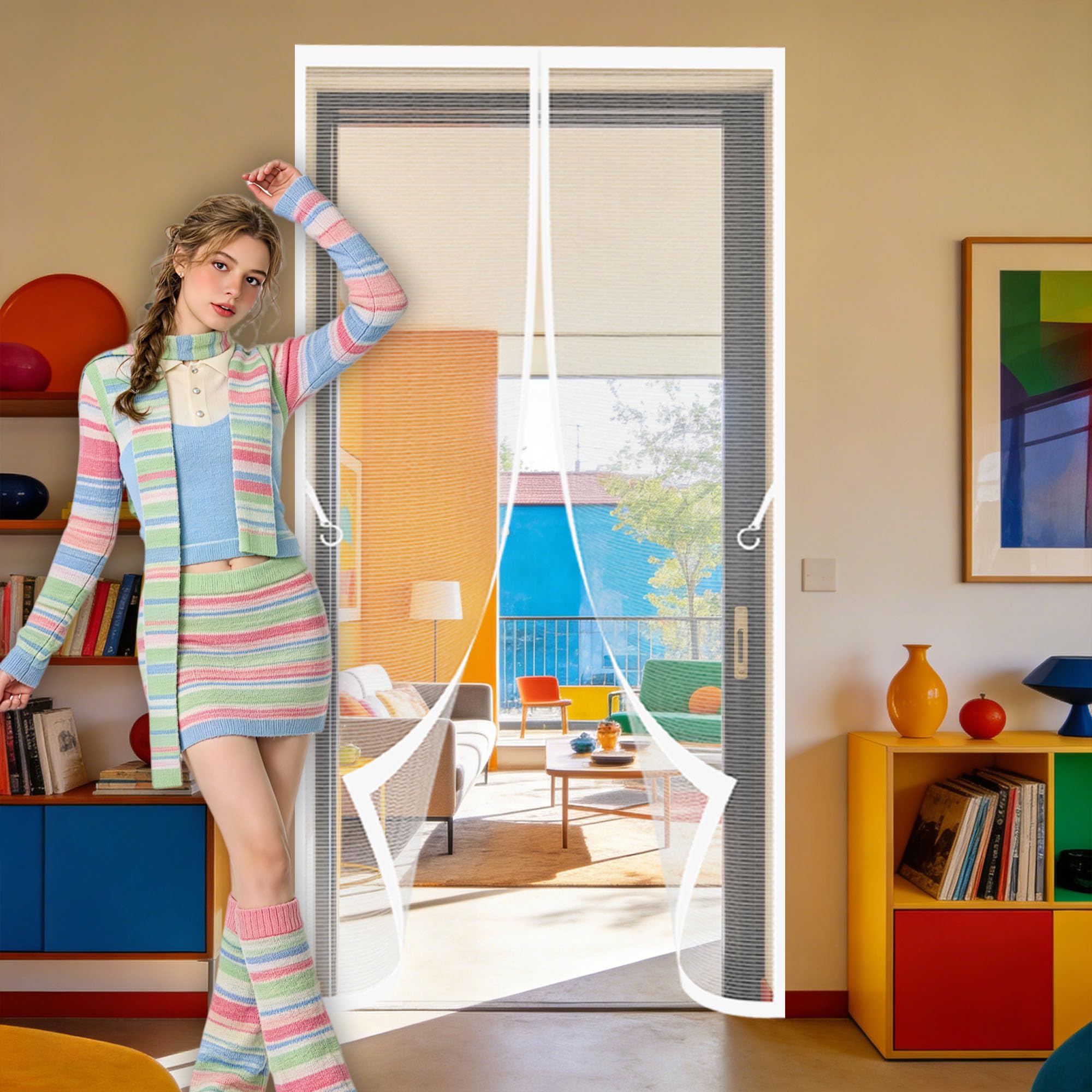 Magnetic Insect Screen Door 86 x 258 cm Hands Free Closing Fly Screen Door with Magnets Keep Fresh Air in Bugs Out for Living Room, Bedroom, Patio, White