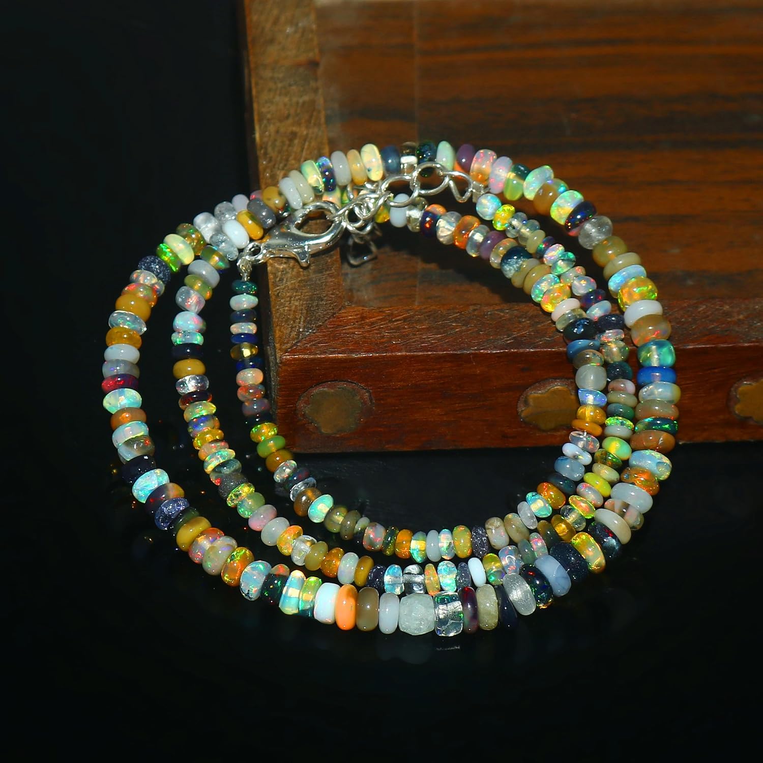 Sterling Silver 925 Genuine Fire Opal Beaded Strand Necklace Gemstone Jewelry For Men/Women