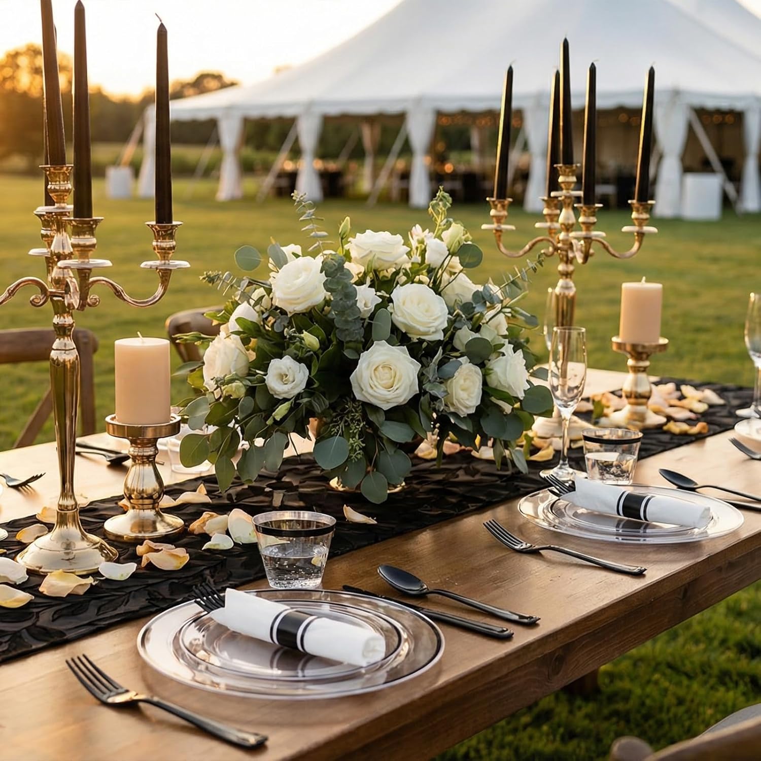 I00000 350 Pcs Black Plastic Dinnerware Set for 50 Guests Include: 50 Dinner Plates, 50 Dessert Plates, 50 Pre Rolled Napkins with Cutlery Set, 50 Cups for Birthday, Wedding Party Graduation