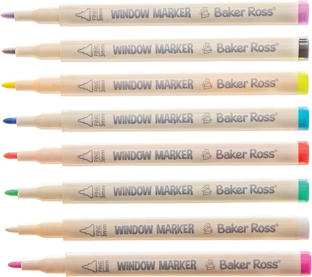 Baker Ross AT859 Fine Tip Glass Pens, For Kids Glass Painting Kit and Arts and Crafts Projects (Pack of 8), Assorted,Yellow,Blue,White,Green,Red,Pink,Black,Purple