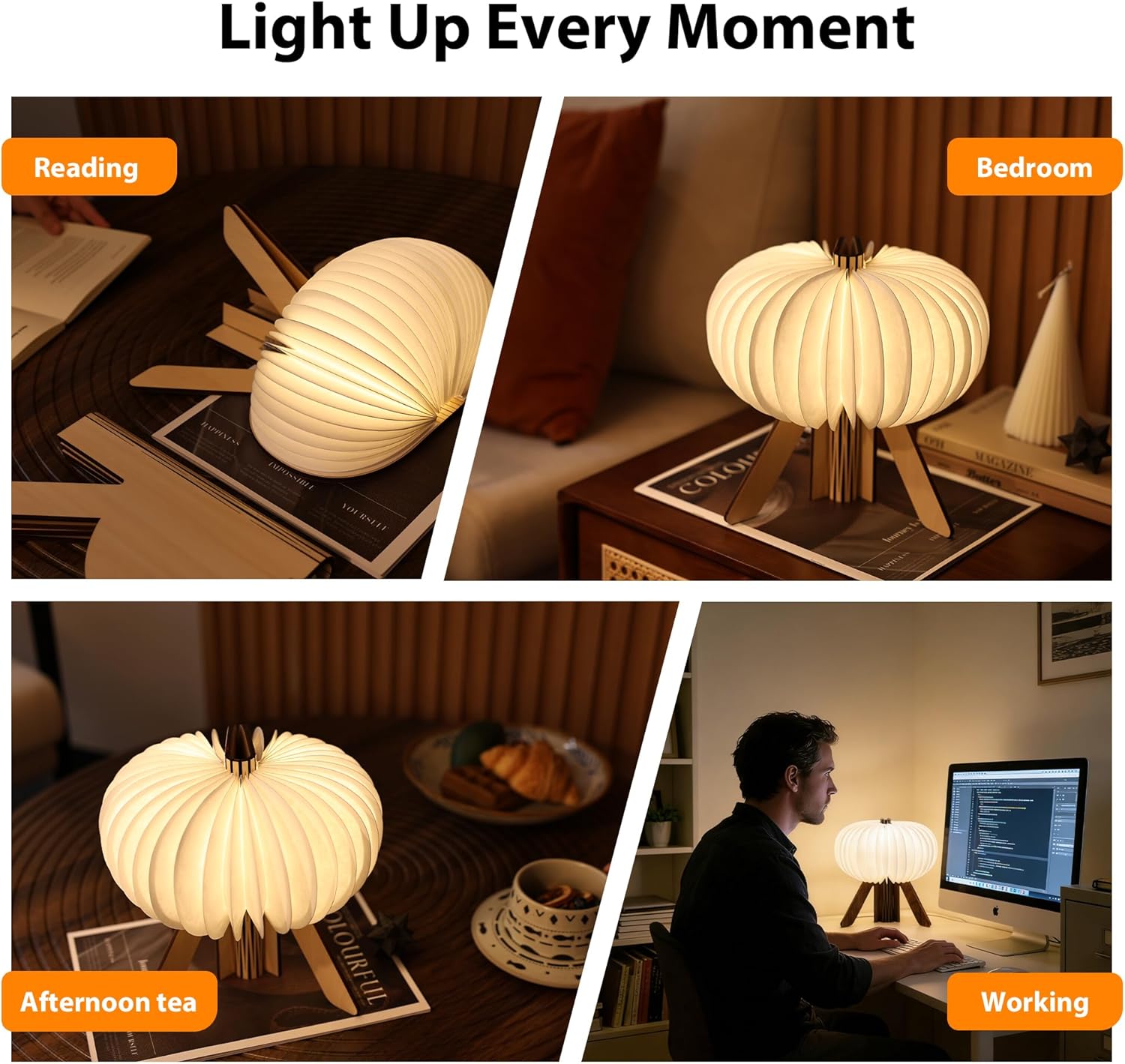 R-Shape Pumpkin Table Lamp with Touch & Remote Control | 3-Color Dimmable | Rechargeable 1200mAh Portable Night Light | Ideal Gift for Home & Outdoor Decor (Maple)