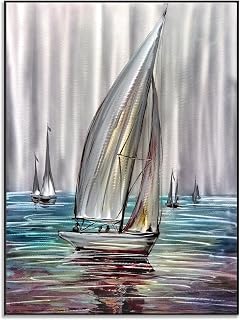 SYGALLERIES Sailboat Metal Wall Art - 24x16 Inch Vibrant and Colorful Aluminum Panel Painting, Lightweight and Easy to Install, Hand-Crafted Coastal Sculpture for Indoor and Outdoor Decoration.