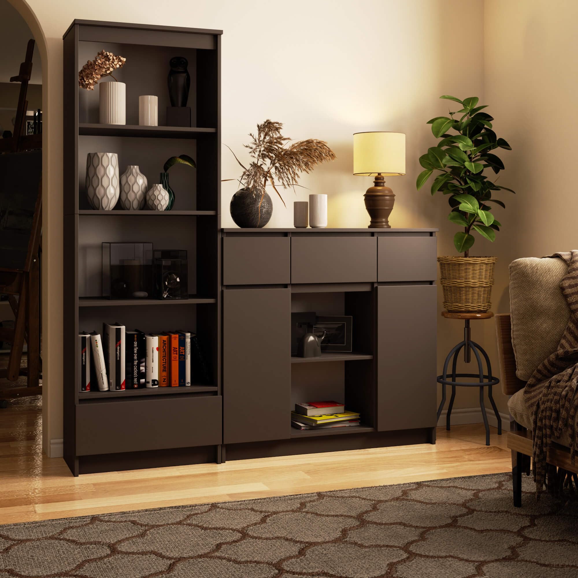 AKORD Cassettiera K100 con 2 Ante e 3 Cassetti 1 Scaffale | Mobiletti Ingresso Bagno | Armadio Cameretta | Comodino | Design moderno | 35x98x101 cm | Grigio Grafite