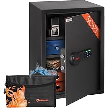 Business XL Electronic LCD Safe 50x35x36cm with Fireproof Money Bag, Large Office Safe 60L for Documents A4 with 2 Height-Adjustable Shelves, Safety Box with Digital Keypad Lock & LCD Screen