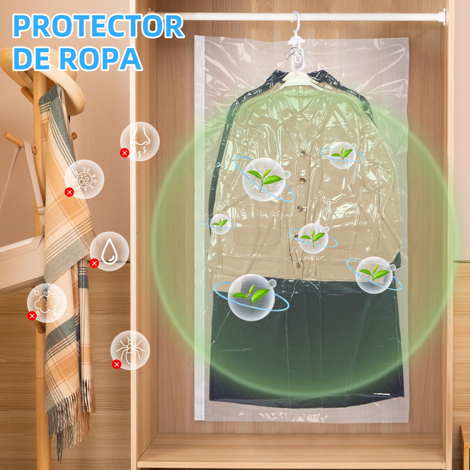 AGPTEK 6 Bolsas Vacío Colgantes para Trajes y Abrigos con Bomba Eléctrica, Ahorra 80% Espacio, Material PA+PE 8 Mil Reutilizable para Viaje y Almacenamiento Ropa