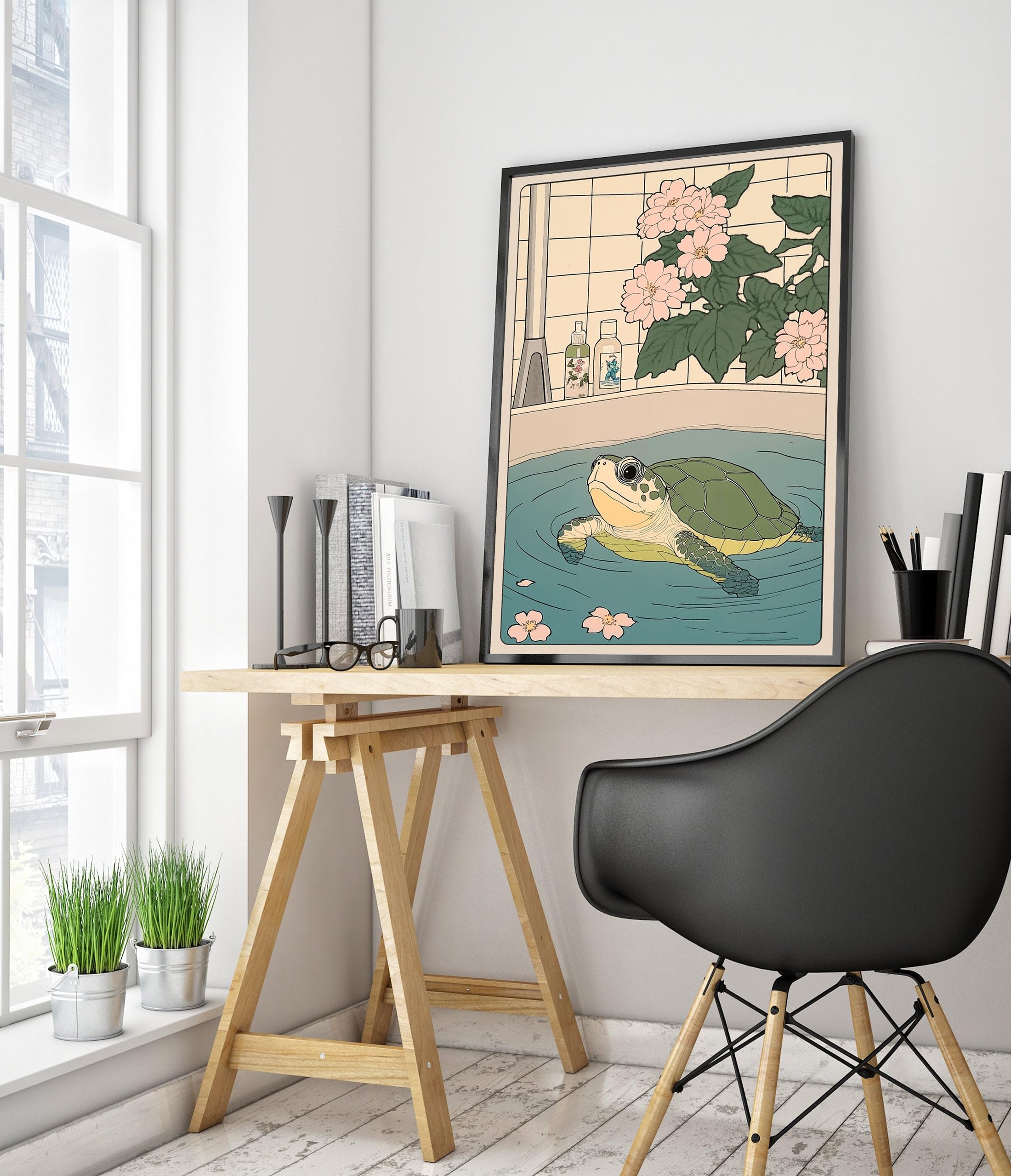 Turtle Bathtime Anime Animal Poster, Funny Bathroom Wall Art Print, Manga, Bathroom Wall Art, Toilet Decor, A4 (Print Only) - 29.7x21cm