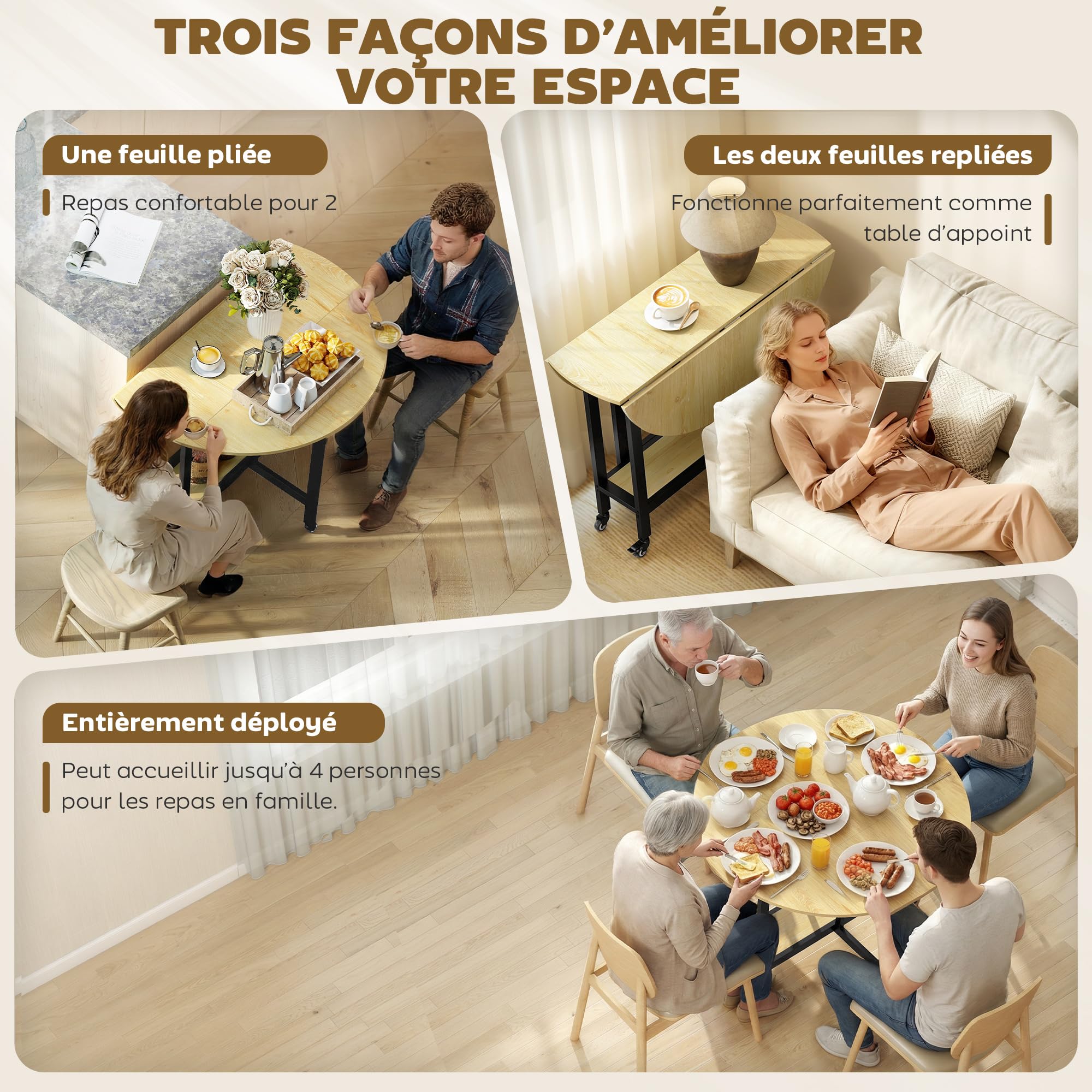 HOMCOM Table à Manger Pliante sur roulettes Ronde 100 x 100 x 75 cm Chêne