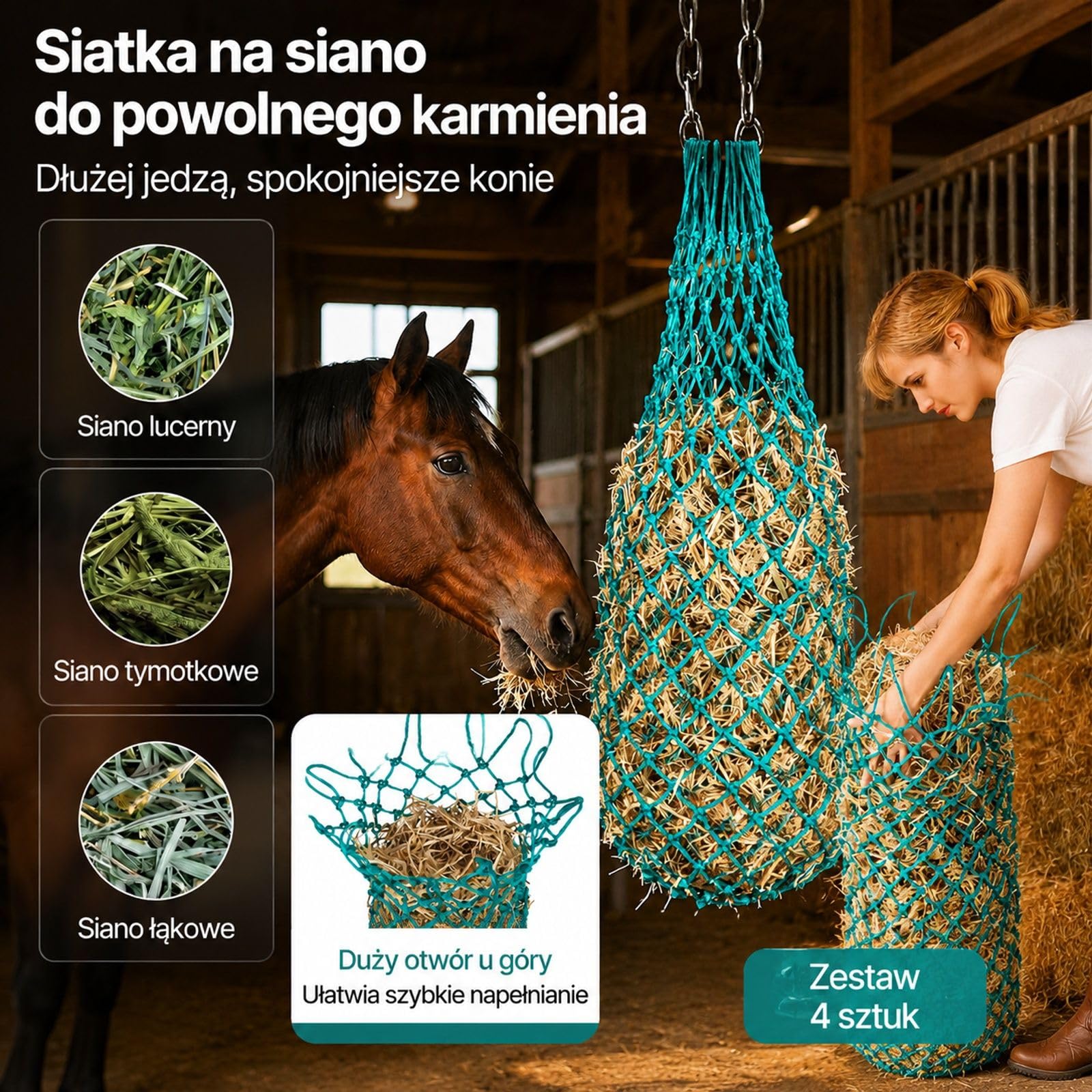 Siatki na siano, 4 sztuki, wiszące worki z materiału PE z czterema karabińczykami dla koni, owiec, bydła i alpak