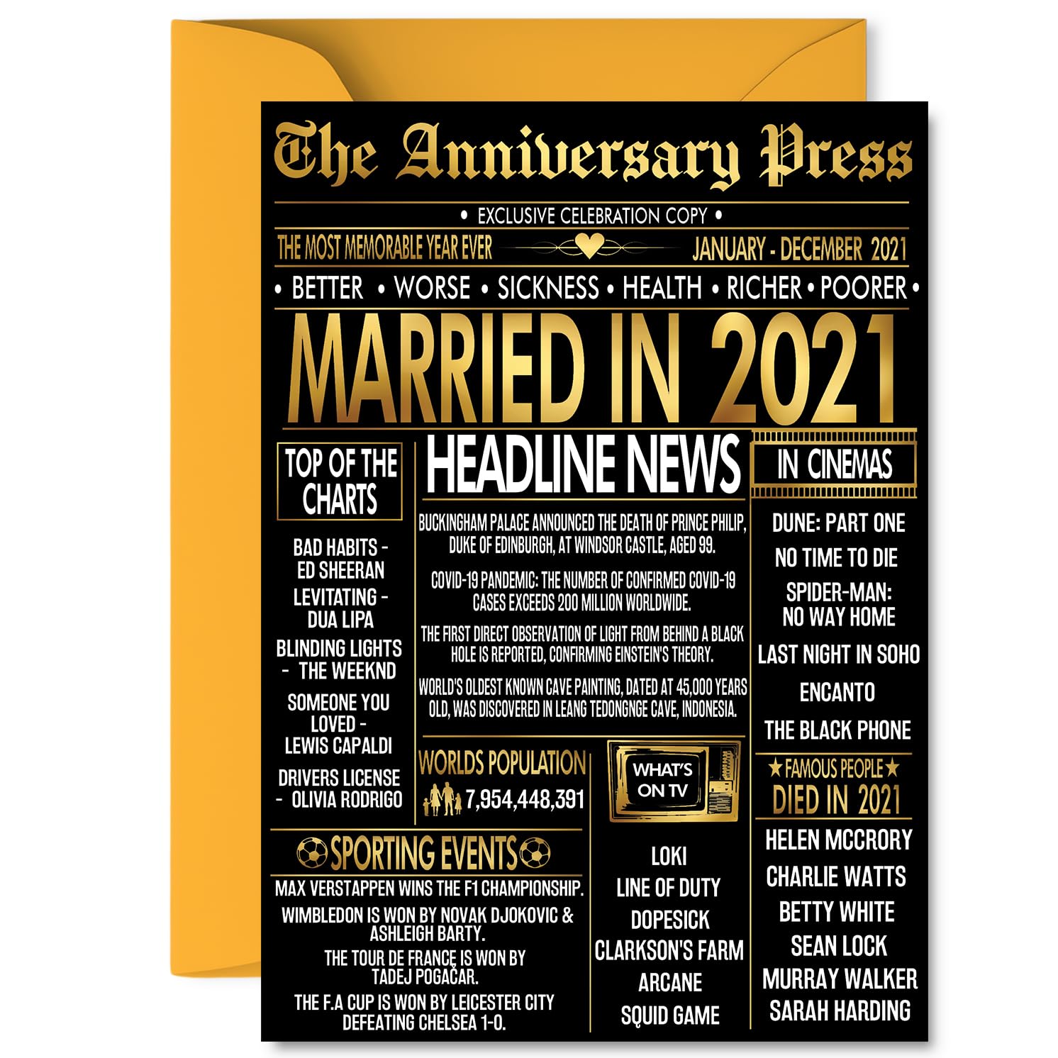 Gold 5th Anniversary Card for Men Women - Newspaper Married in 2021 - Happy 5 Year Wedding Anniversary Card for Partner Husband Companion Wife, A5 Anniversaries Greeting Cards