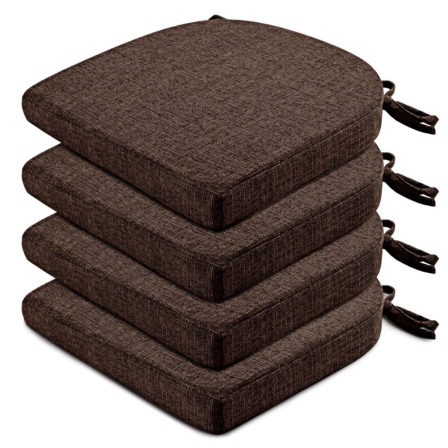 Wellsin Chair Cushions for Dining Chairs 4 Pack - Kitchen Chair Cushions with Ties and Non-Slip Backing - Dining Chair Pads 16"X16"X2", Brown