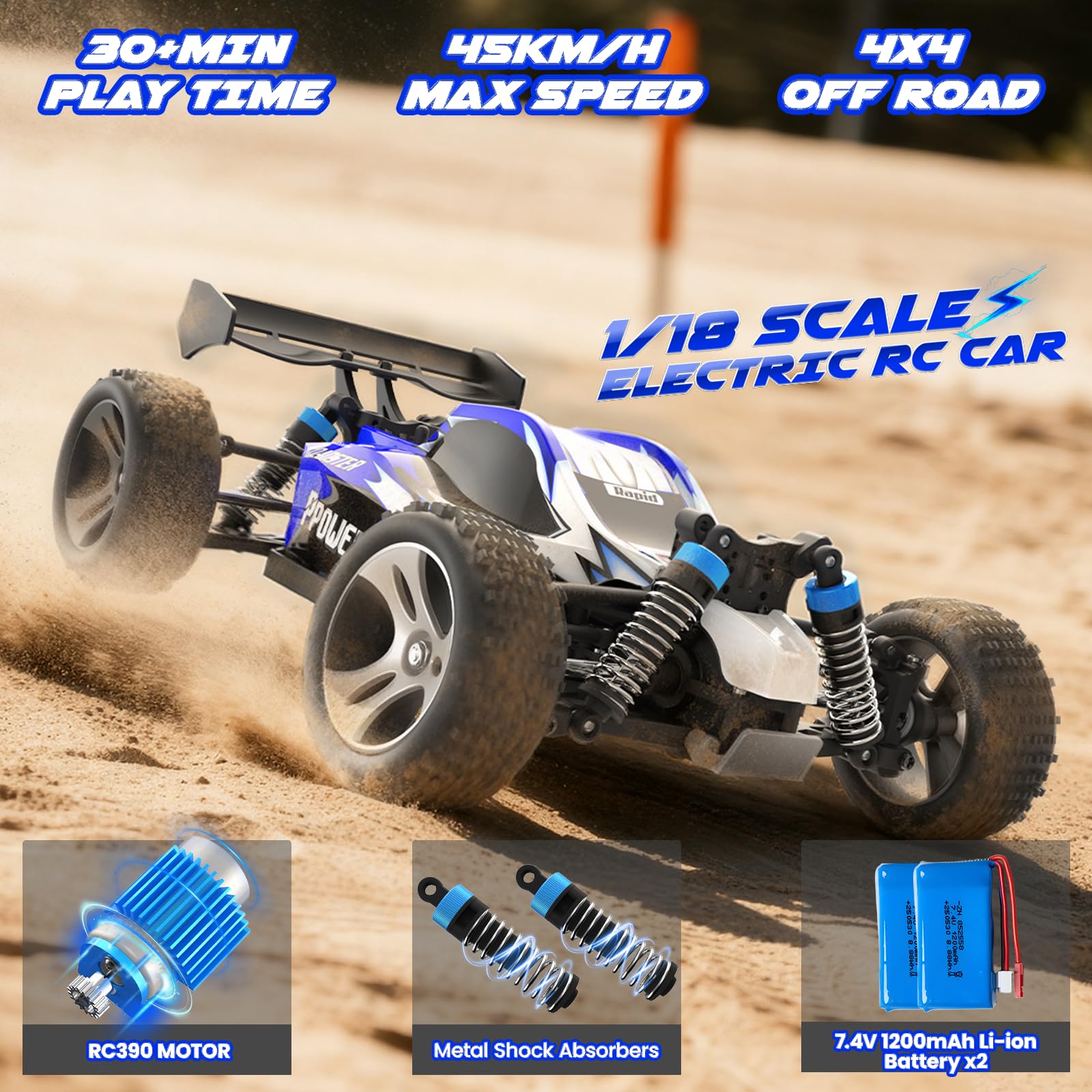 SIMREX Voiture télécommandée Tout-Terrain 1:18, 45 km/h, 4WD avec télécommande 2,4 GHz, Voiture RC avec 2 Batteries Rechargeables, Cadeau pour Enfants et Adultes, Bleu