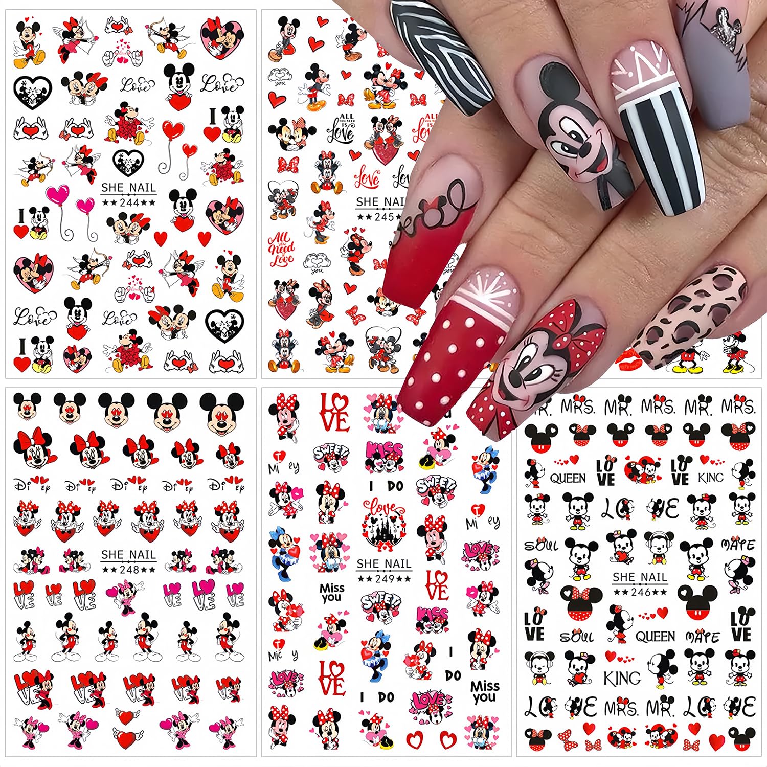 Cute Nail Art Stickers 6 Sheets - 3D Self Adhesive Cartoon Nail Decals for Valentine's Day - Heart Kawaii Charms for Women Girls - Nail Decoration Supplies
