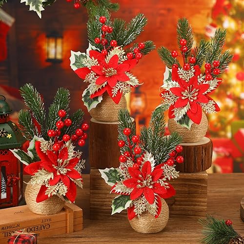 Flores de Pascua artificiales de Navidad, flores de Navidad florales rojas, piñas y bayas de acebo, arreglos florales de seda en maceta decorativa,