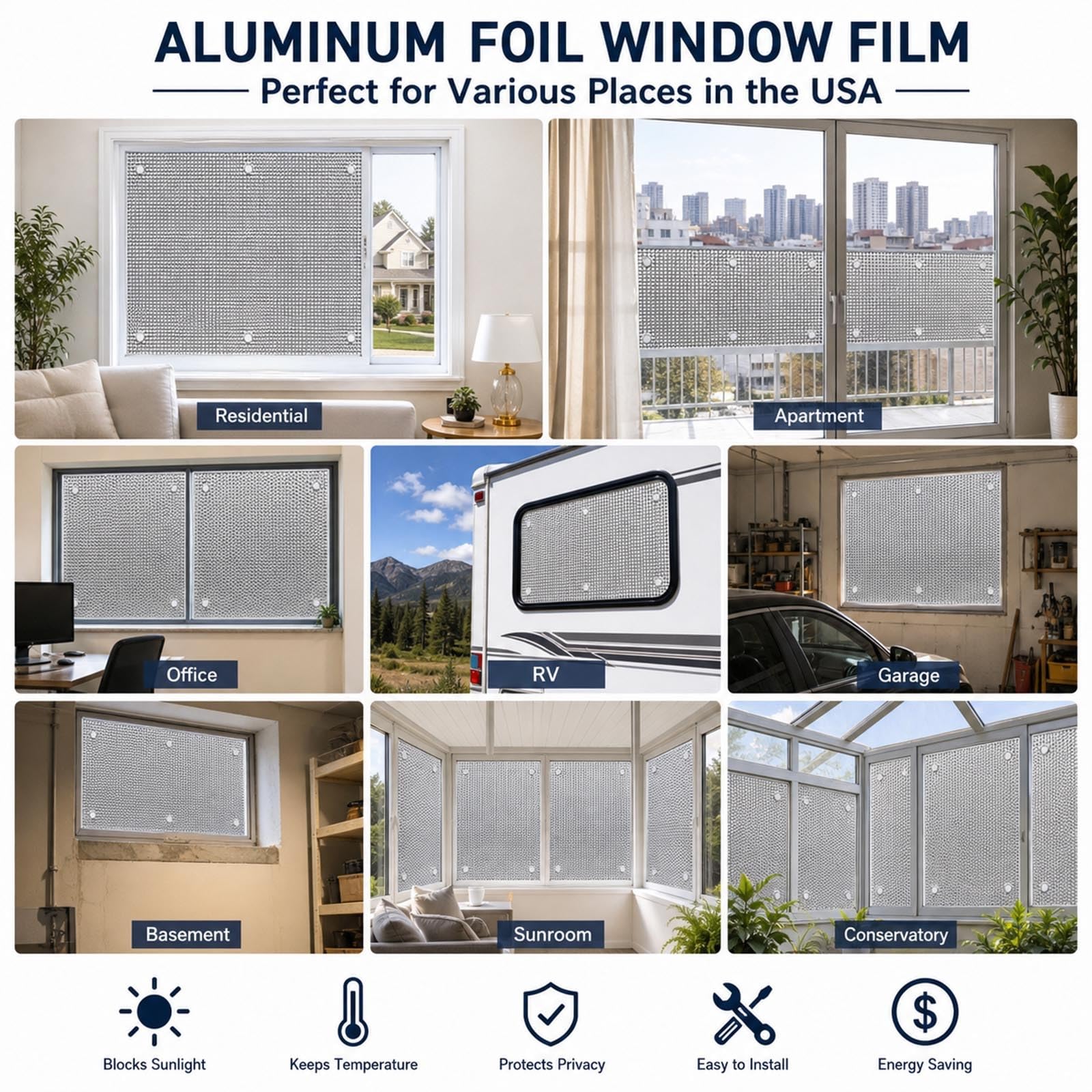 Wärmeisolierung Sonnenschutzfolie 99% Verdunkelung mit Saugnapf, 9mm Sichtschutzfolie Außen Innen, Anpassbar Aluminium Reflektierend Fenster Folie Spurenlose Montage für Haus(Schwarz,100x200 cm)