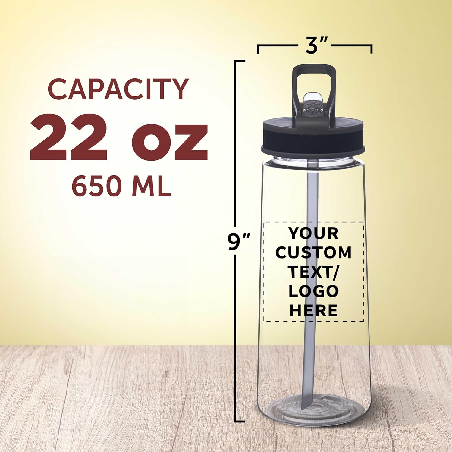 DISCOUNT PROMOS Custom Plastic Sports Bottles with Spill-Proof Lids and Straw – 22 oz. – Set of 10/50/100 – Personalized Bulk Pack - Reusable, Perfect for Gym, Outdoor Sports, Home, Office - Clear