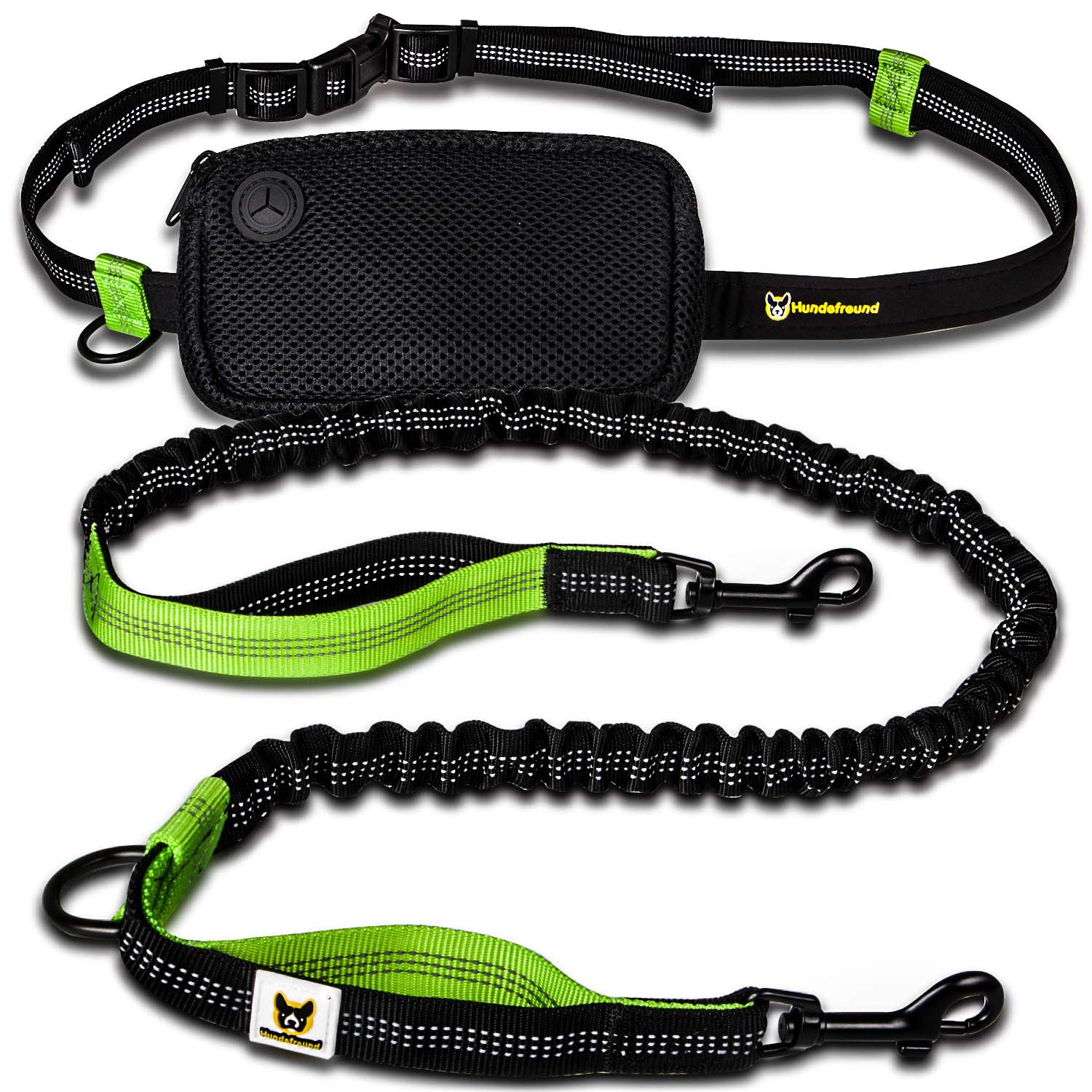 Hundefreund Hands-Free Leash for Small Dogs Under 30 lbs – Lightweight Waist Leash with Soft Bungee (43–63"), Padded Belt (26–47") & Pouch – Dual Handles, Reflective Stitching for Walking & Jogging