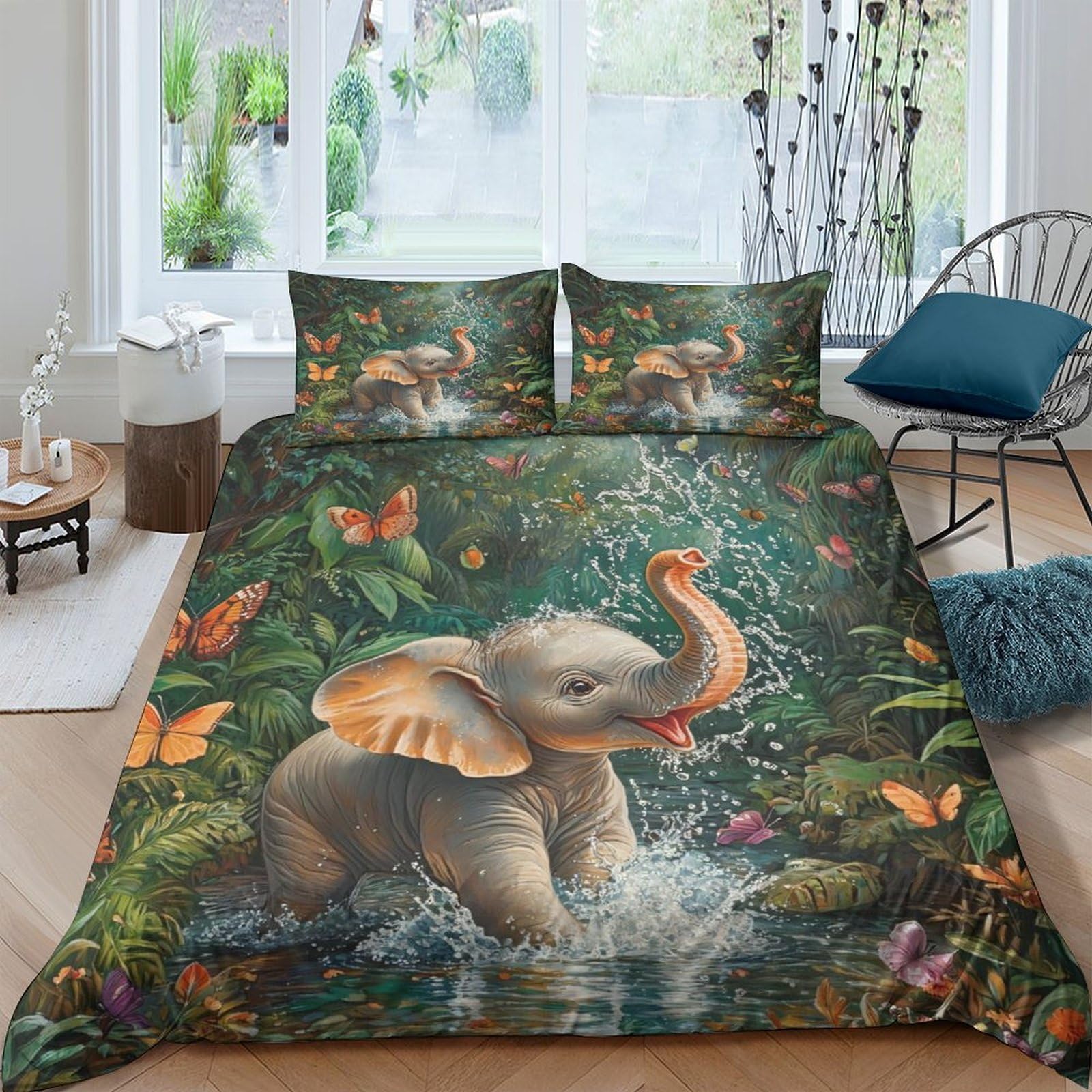 Ctjqhvkz Style-1 3D Printed Jungle Elephant Fitted Sheet Microfiber Soft Orange Butterfly Bed Cover For Bedroom Guest Room Decor Single（135X200cm）