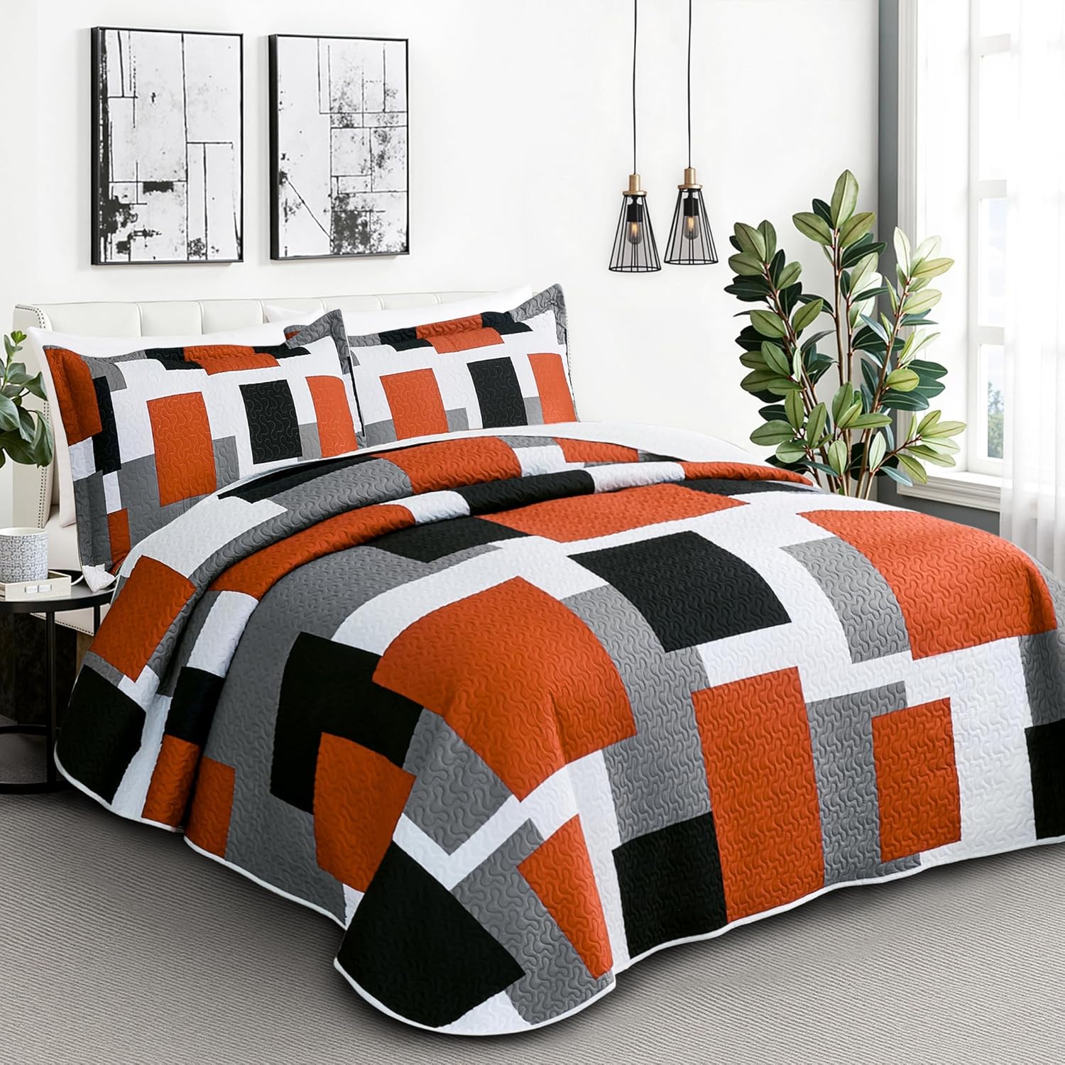 3 Piece Orange Grey Quilt Set Full/Queen Size Black White Gray Geometric Reversible Bedding Set Microfiber Lightweight Bedspread Coverlet with 2 Shams Modern Bed Covers for All Season, 90''x96'' - Image 2
